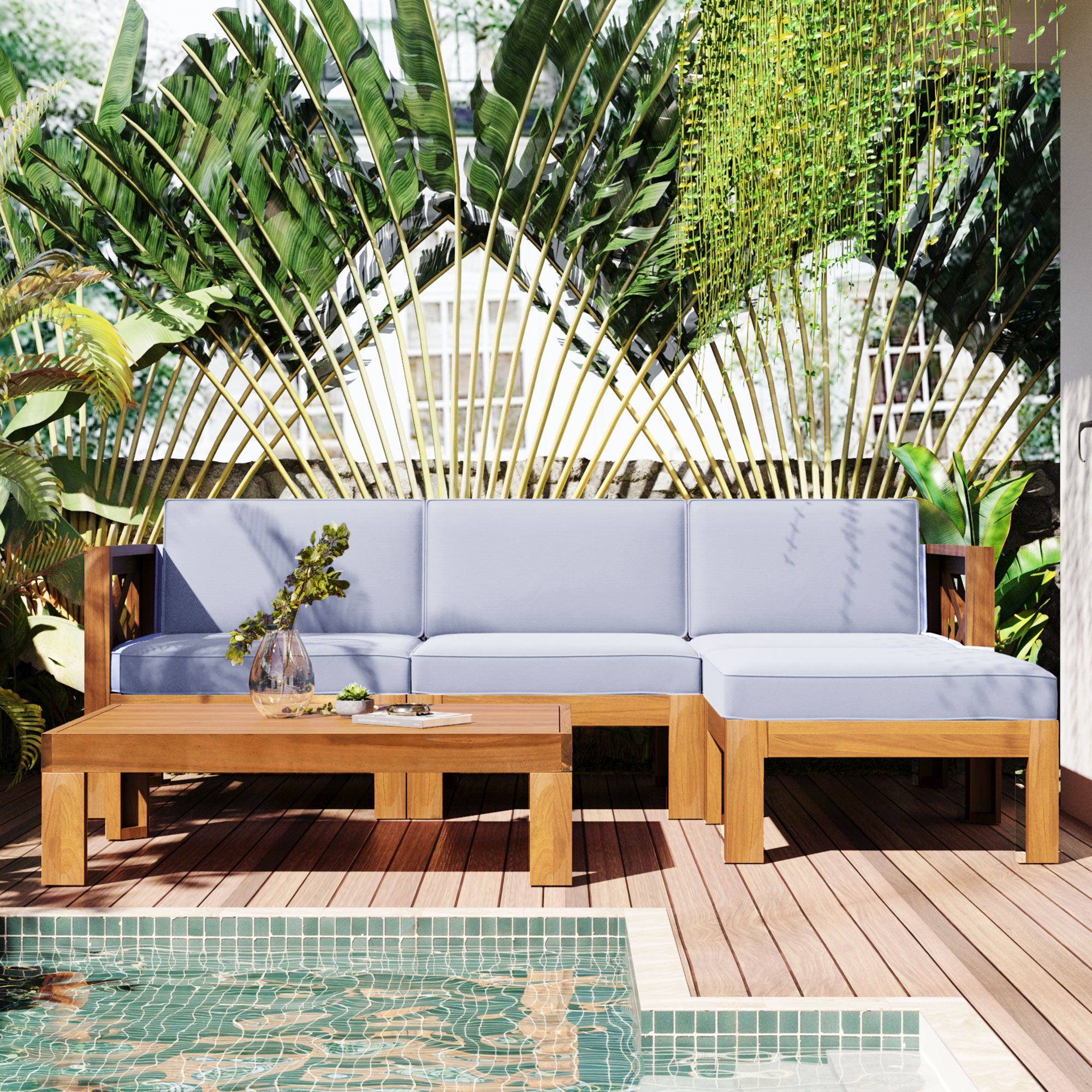 Outdoor Backyard Patio Wood 5-Piece Sectional Sofa Seating Group Set with Cushions, Natural Finish+ Gray Cushions