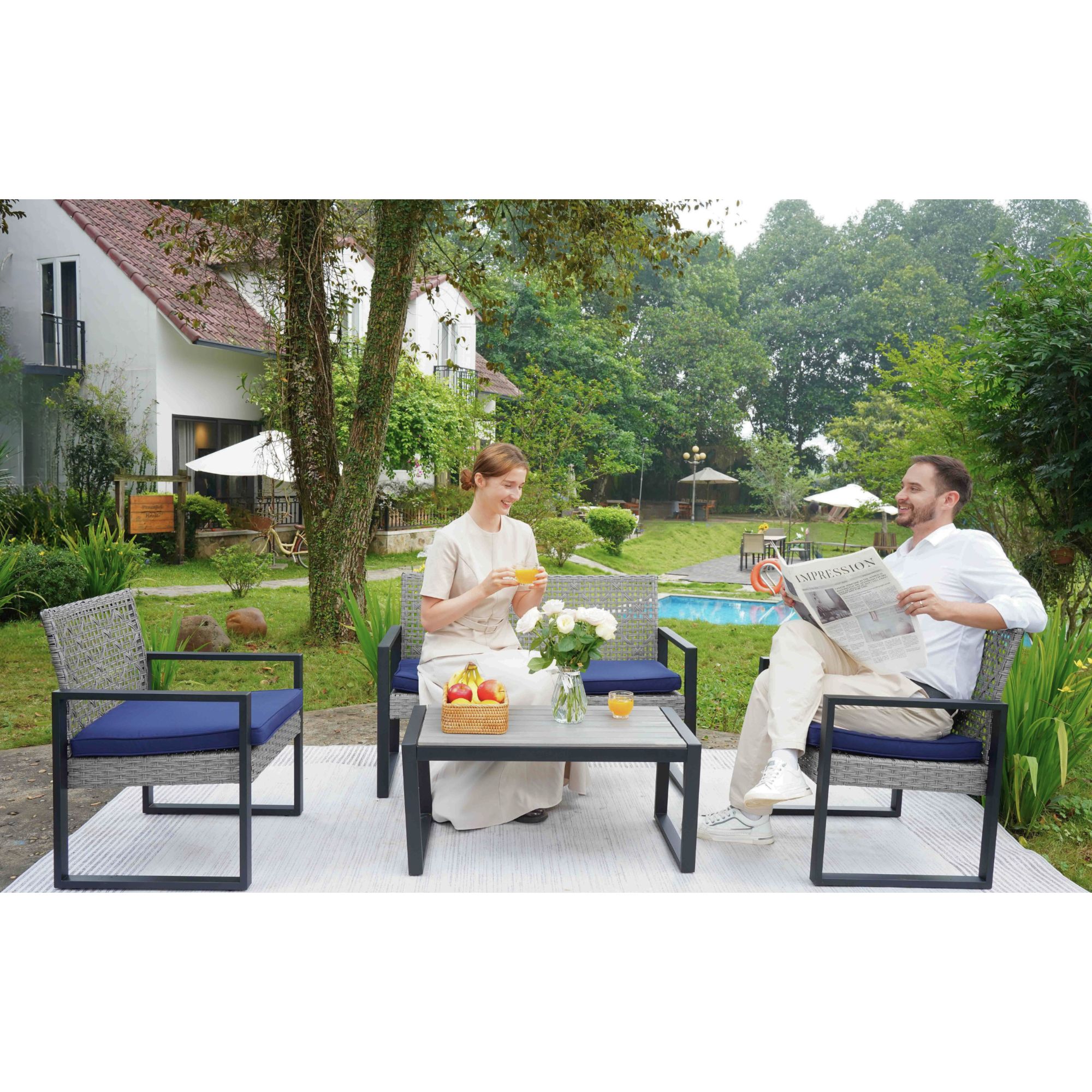 4-Piece Patio Furniture Set Outdoor Balcony Porch Garden Backyard Lawn Furniture Gray Acacia Wood Table Top, Blue Cushion and Light Gray rattan