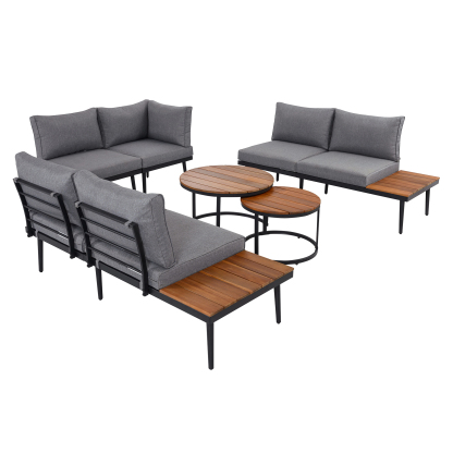 TREXM 6-Piece Outdoor Sectional Sofa Set with Round Nesting Coffee Tables and Seating Sofa with Cushions for Patio, Porch and Garden (Grey)
