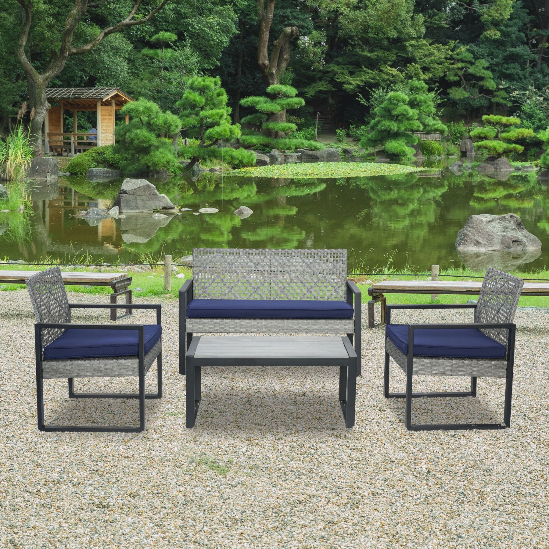 4-Piece Patio Furniture Set Outdoor Balcony Porch Garden Backyard Lawn Furniture Gray Acacia Wood Table Top, Blue Cushion and Light Gray rattan