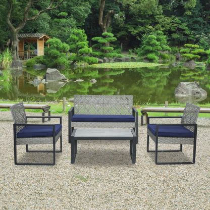 4-Piece Patio Furniture Set Outdoor Balcony Porch Garden Backyard Lawn Furniture Gray Acacia Wood Table Top, Blue Cushion and Light Gray rattan