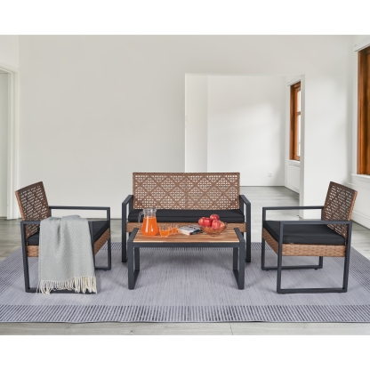 4-Piece Patio Furniture Set Outdoor Balcony Porch Garden Backyard Lawn Furniture Acacia Wood Table Top, Morden Black and Light Brown
