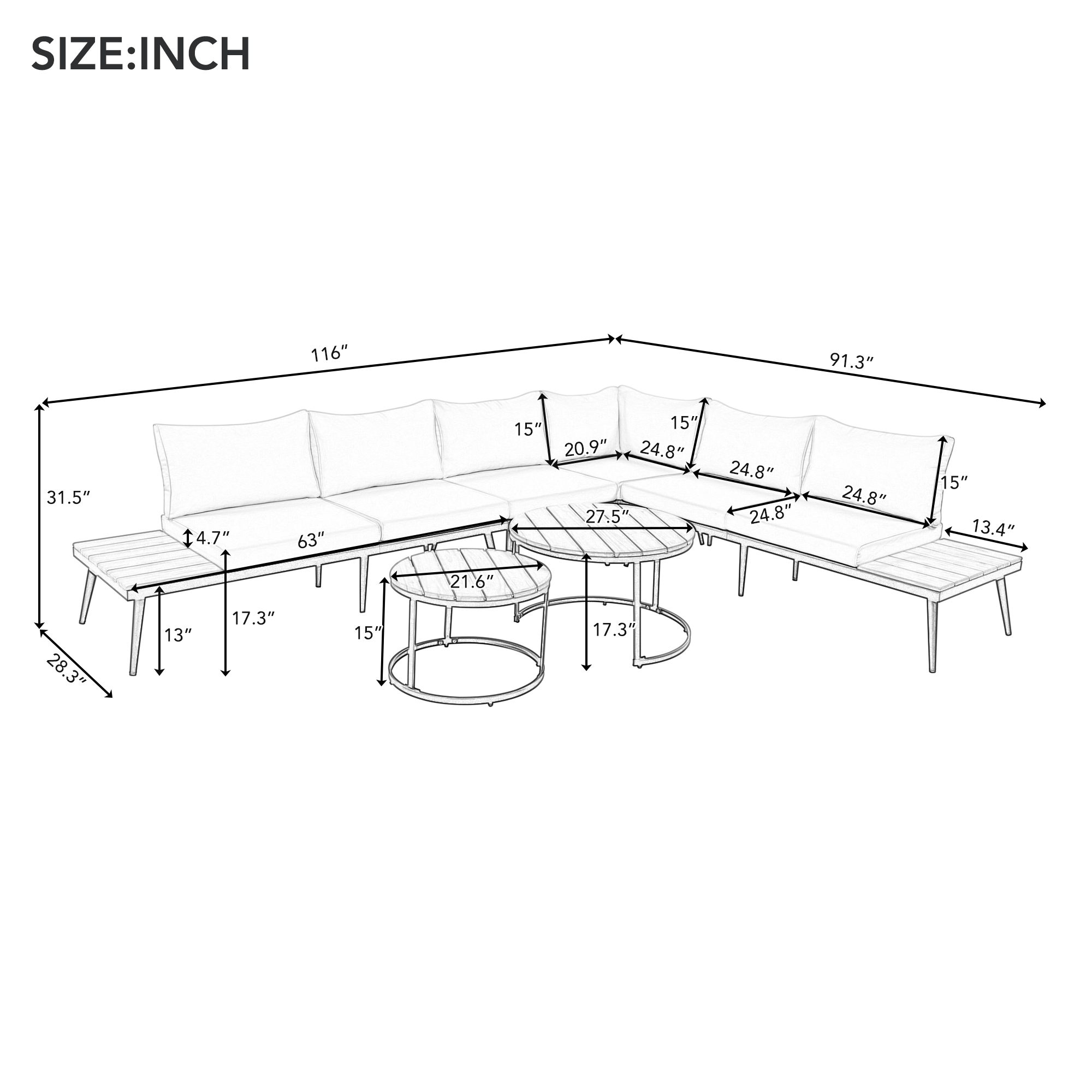 TREXM 6-Piece Outdoor Sectional Sofa Set with Round Nesting Coffee Tables and Seating Sofa with Cushions for Patio, Porch and Garden (Beige)
