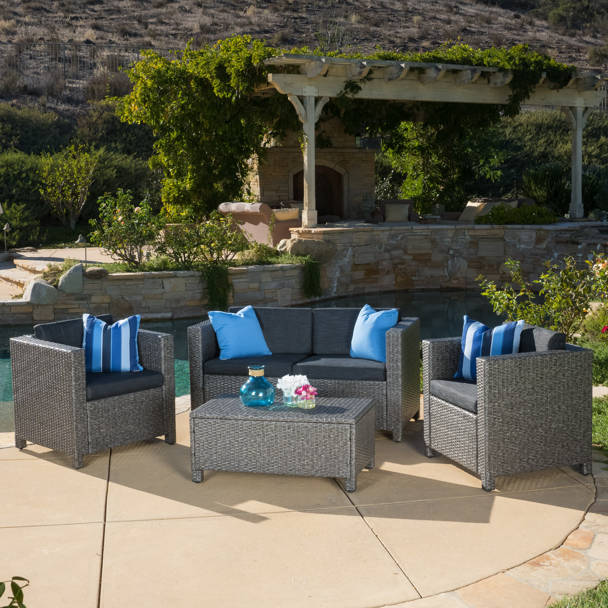 4-Piece Patio Wicker Sofa Set – Loveseat + 2 Club Chairs + Table – All-Weather, Water-Resistant Outdoor Furniture