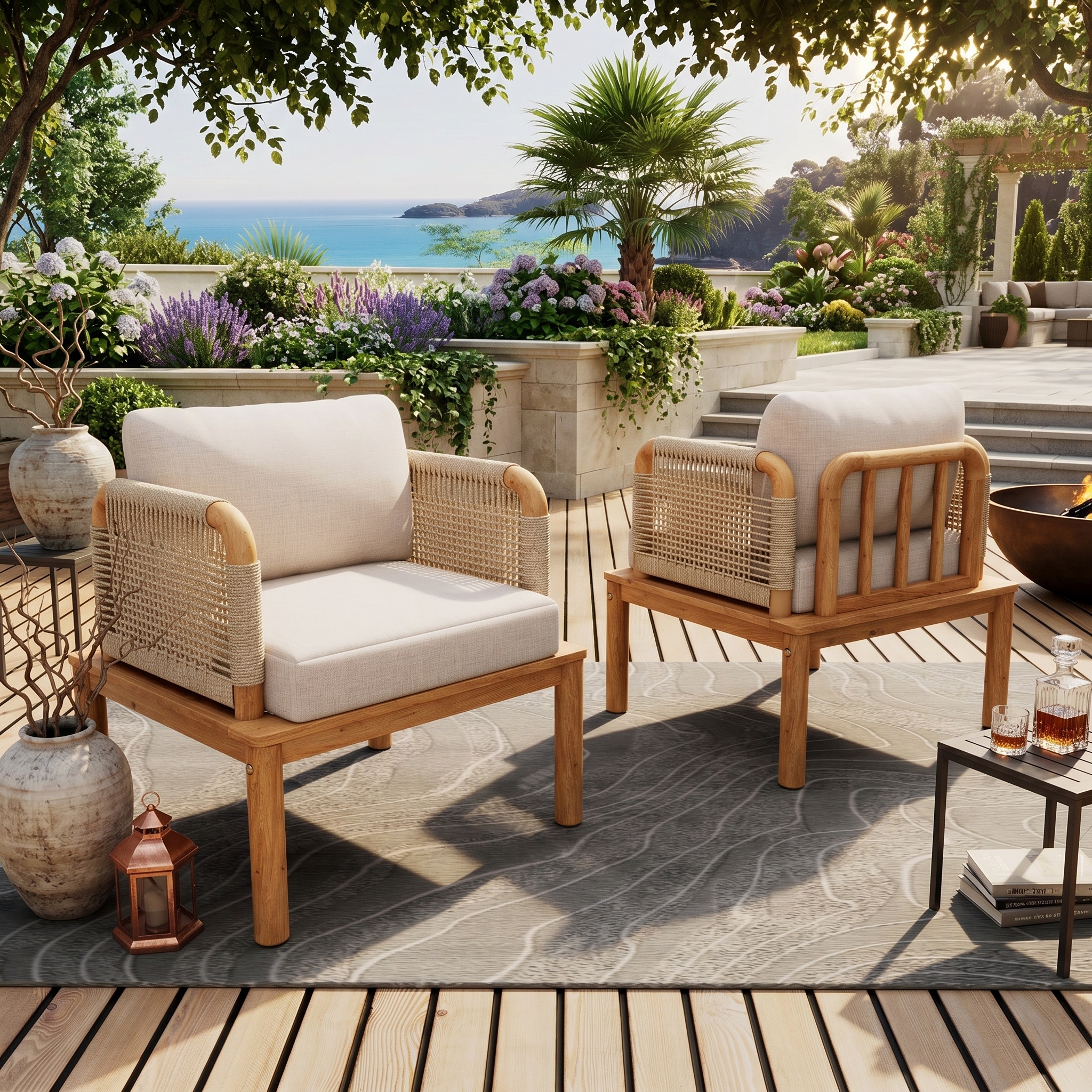 Outdoor Acacia Wood and Rope Club Chair with Cushions (Set of 2 / MP2)