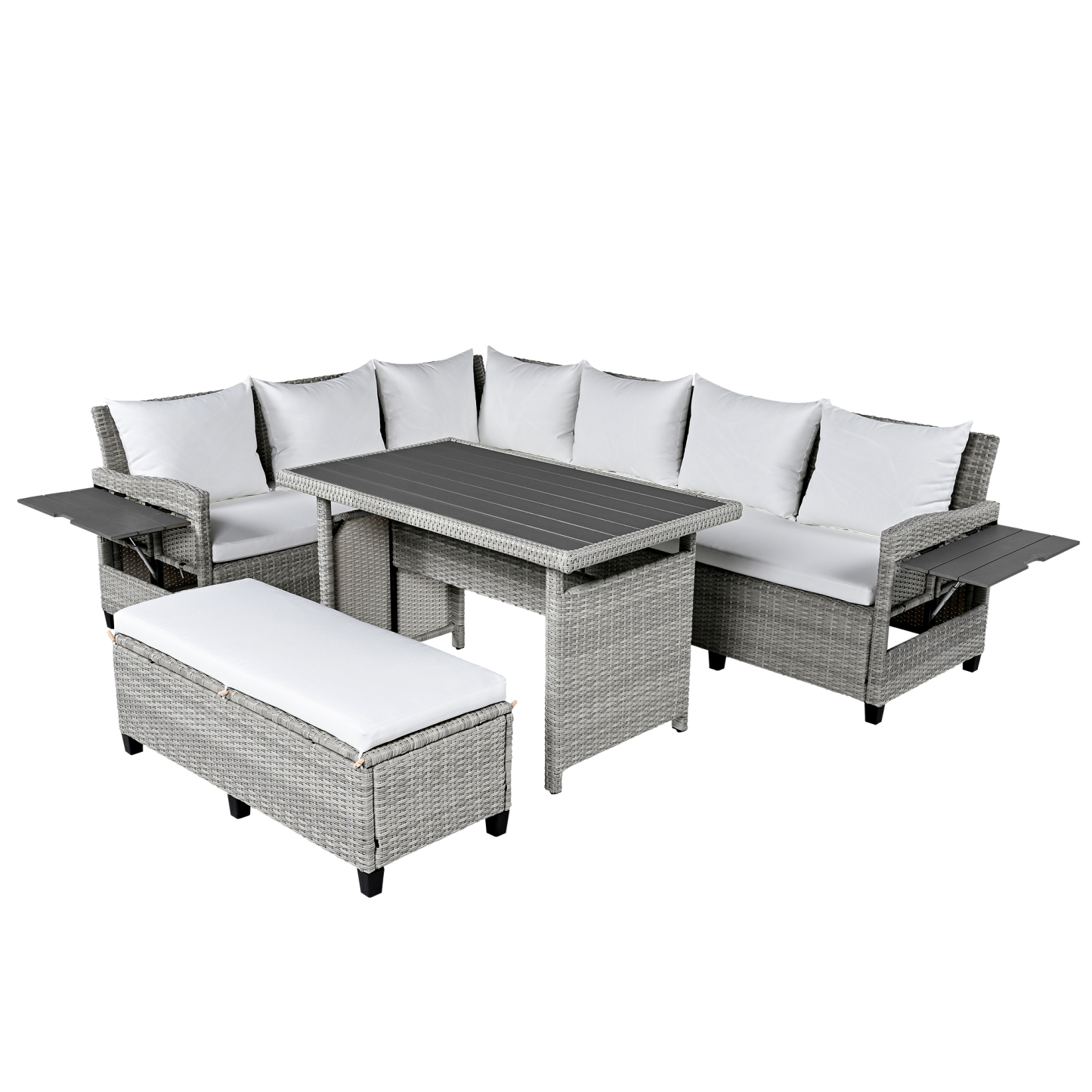 TOMAX 5-Piece Outdoor Patio Rattan Sofa Set, Sectional PE Wicker L-Shaped Garden Furniture Set with 2 Extendable Side Tables, Dining Table and Washable Covers for Backyard, Poolside, Indoor, White