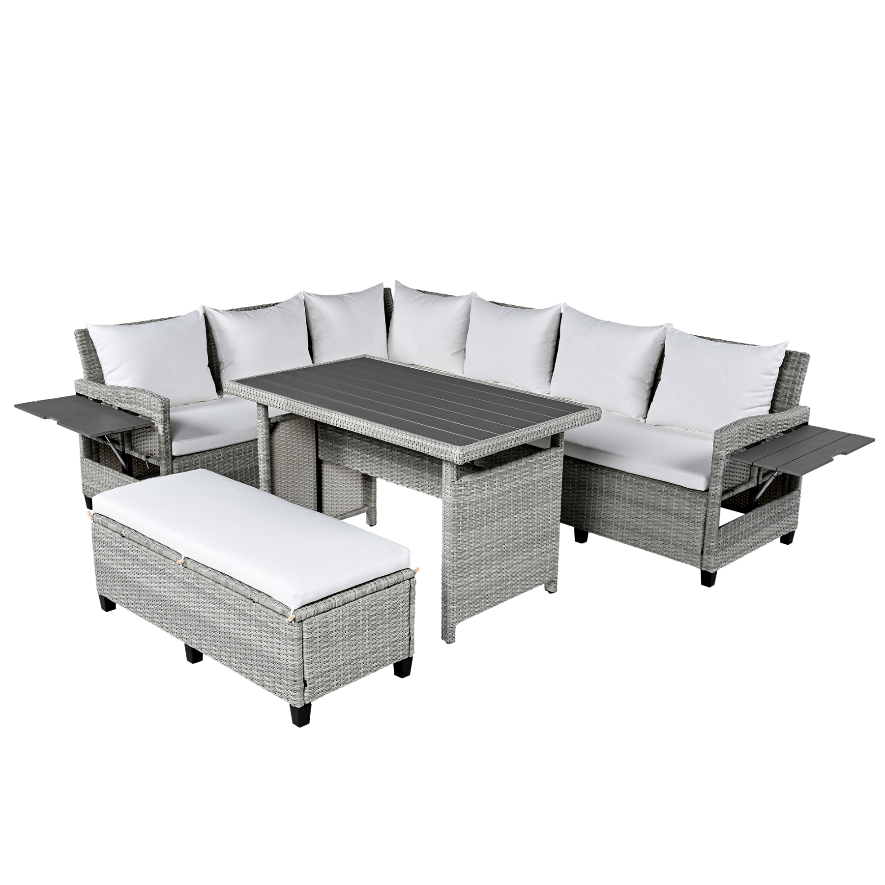 TOMAX 5-Piece Outdoor Patio Rattan Sofa Set, Sectional PE Wicker L-Shaped Garden Furniture Set with 2 Extendable Side Tables, Dining Table and Washable Covers for Backyard, Poolside, Indoor, White