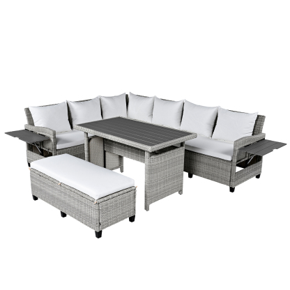 TOMAX 5-Piece Outdoor Patio Rattan Sofa Set, Sectional PE Wicker L-Shaped Garden Furniture Set with 2 Extendable Side Tables, Dining Table and Washable Covers for Backyard, Poolside, Indoor, White