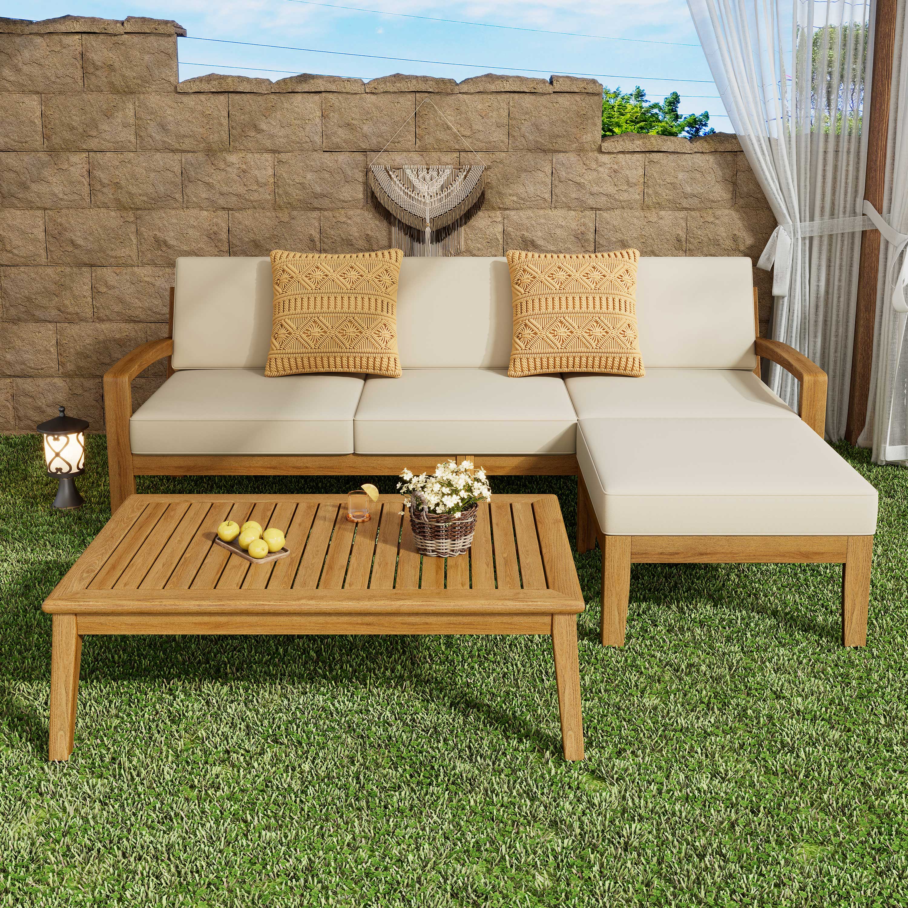 L Shape Outdoor Sectional Sofa Set – 3-Piece Acacia Wood Modular Patio Furniture with Ottoman & Coffee Table, Left/Right Armrest + Armless Segment, Water-Resistant Cushions, Slat Panel Backrest, Transitional Gray Finish