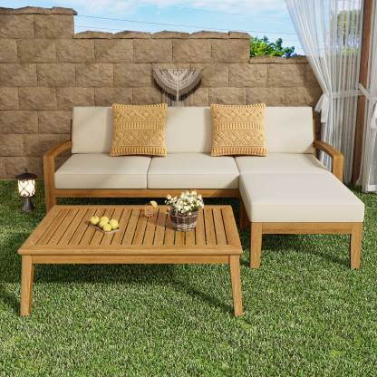 L Shape Outdoor Sectional Sofa Set – 3-Piece Acacia Wood Modular Patio Furniture with Ottoman & Coffee Table, Left/Right Armrest + Armless Segment, Water-Resistant Cushions, Slat Panel Backrest, Transitional Gray Finish