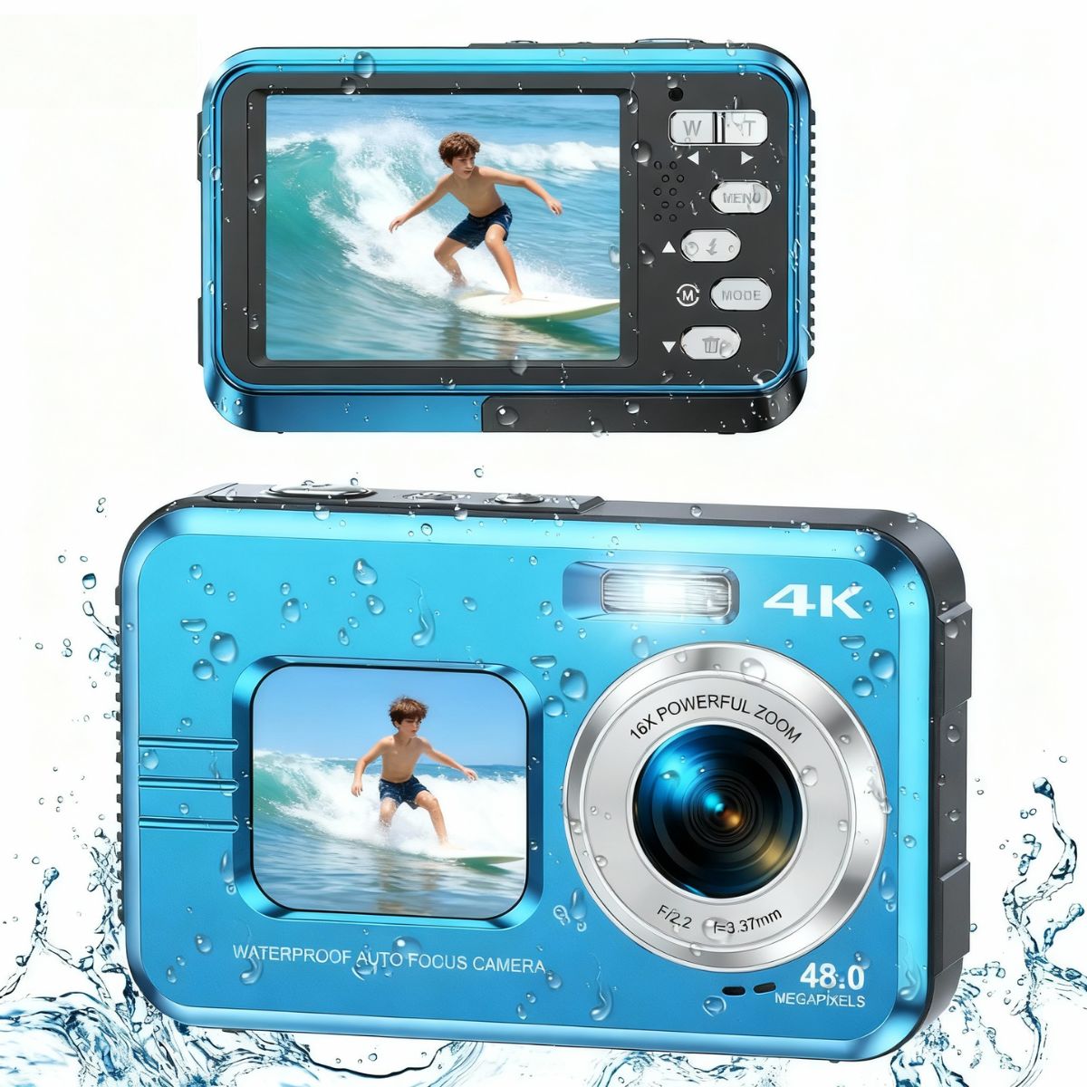 Underwater Cameras,4K Waterproof Digital Camera 48 MP Autofocus Function Selfie Dual Screens Compact Portable 11FT Underwater Camera for Snorkeling,Waterproof (Blue)