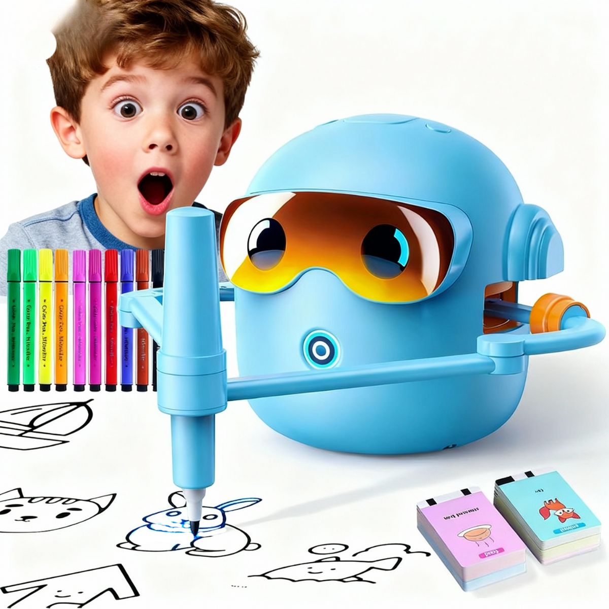 Drawing Robot for Boys Girls Montessori Painting Toys for 3 4 5 6 7 8 Year Old, Voice Interactive Educational Drawing Machine with 100 Cards, Blue