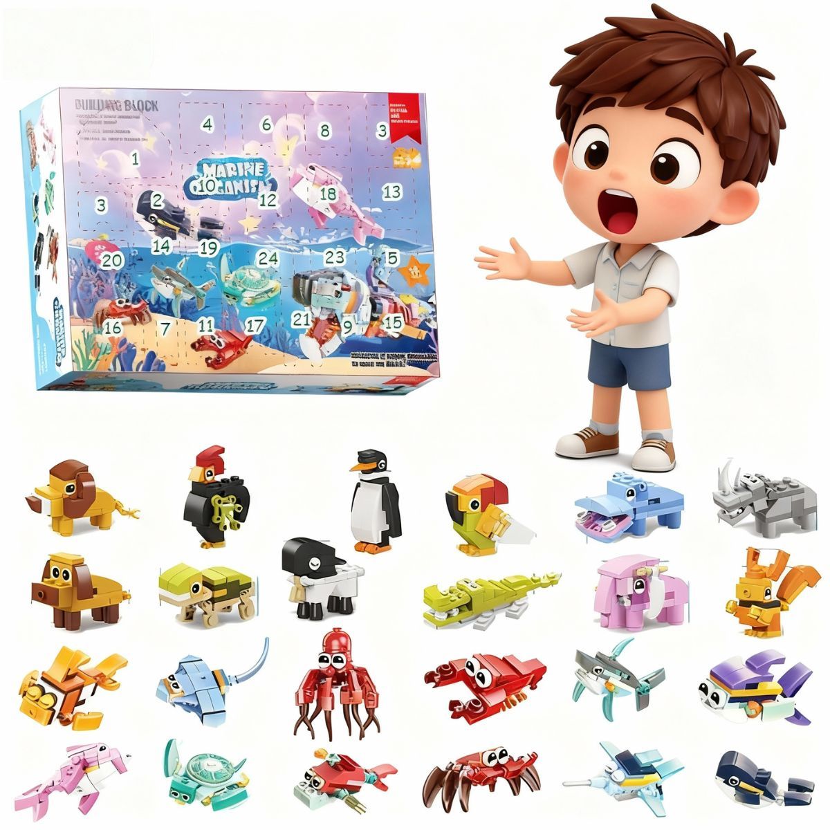 Advent Calendar, 12 Small Animals and 12 Sea Animals Clamping Blocks Set, 24 Animals Model Kit, Christmas Calendar Children, Animals Model Kit