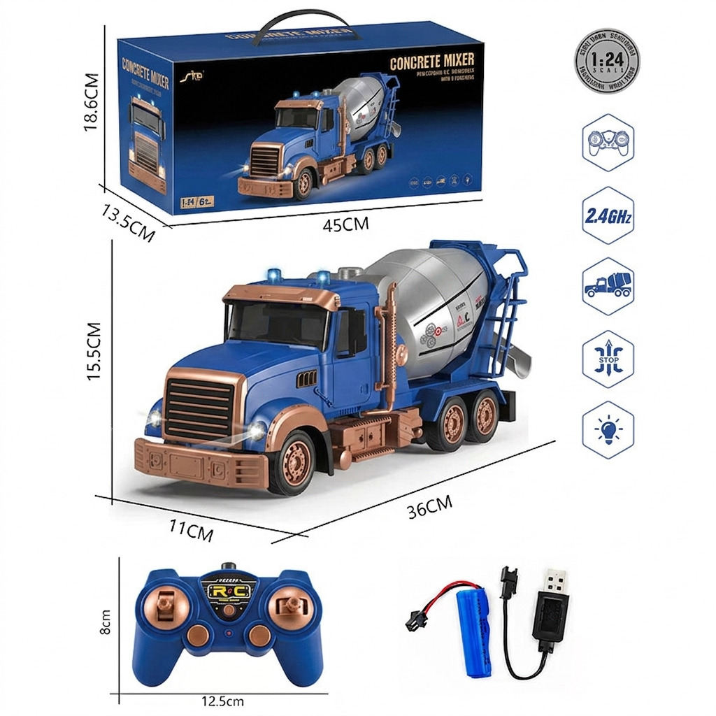 RC Truck Cement Mixer Remote Control Construction Toys 6 Channel Lights Rechargeable Play Vehicle Building Fun Kids Gifts