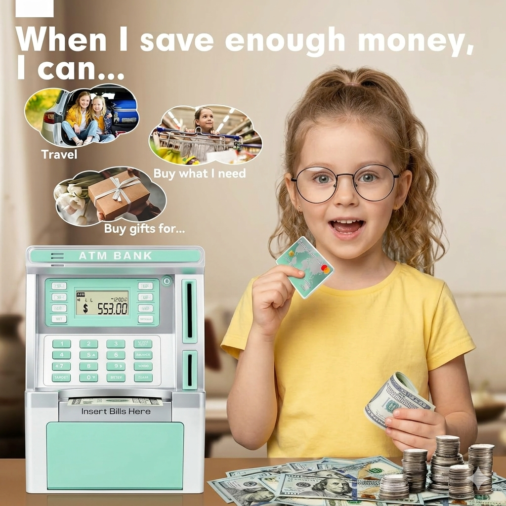 ATM Piggy Bank for Real Money for Kids Toy Money Banks with Card Password Coin Recognition Bill Feeder Balance Calculator Safe Coin Box