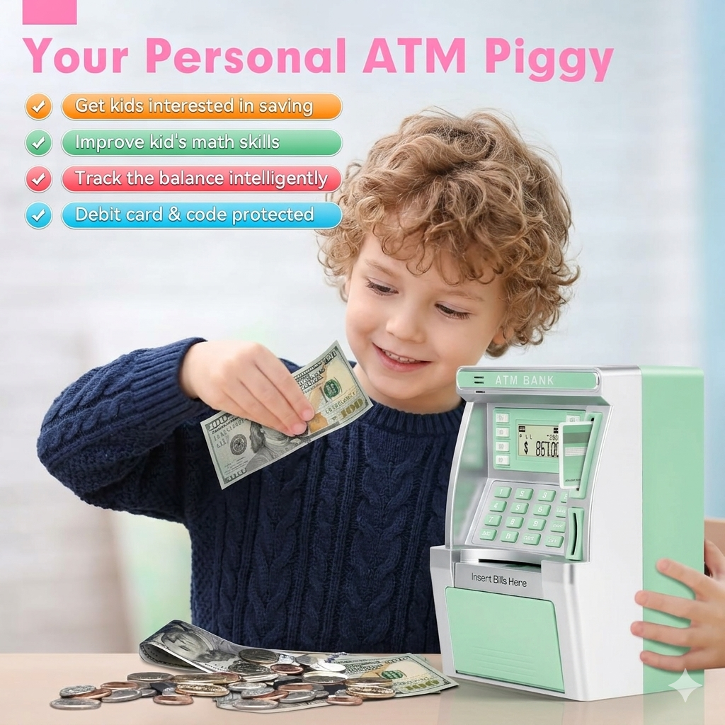 ATM Piggy Bank for Real Money for Kids Toy Money Banks with Card Password Coin Recognition Bill Feeder Balance Calculator Safe Coin Box