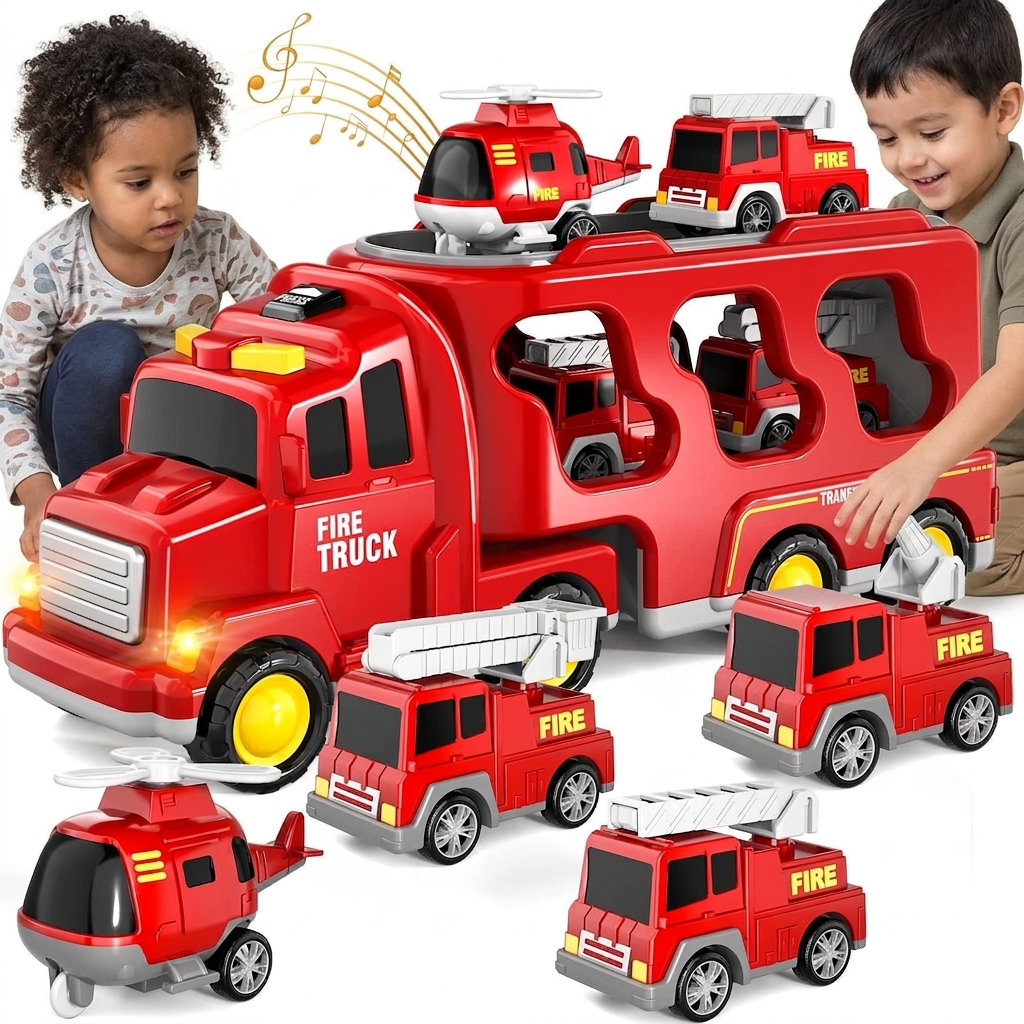 Fire Truck Toy 5 in 1 Toddlers Lights Sounds Imaginative Play Educational Christmas Birthday Gift Kids Vehicle Set