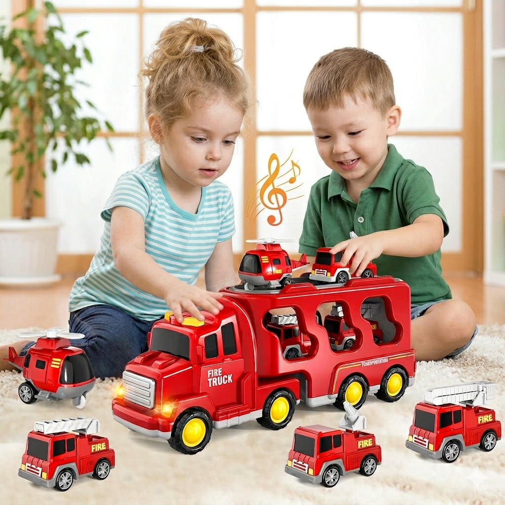 Fire Truck Toy 5 in 1 Toddlers Lights Sounds Imaginative Play Educational Christmas Birthday Gift Kids Vehicle Set
