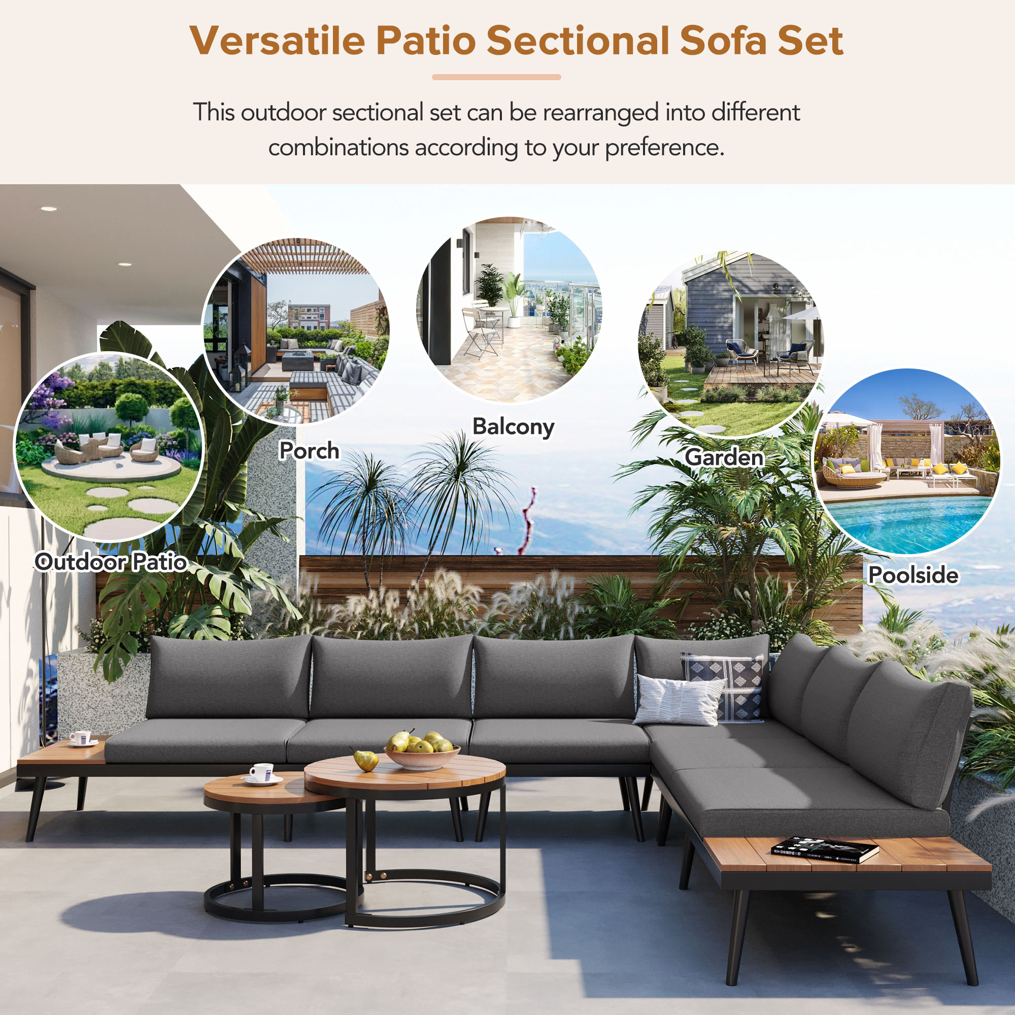 TREXM 6-Piece Outdoor Sectional Sofa Set with Round Nesting Coffee Tables and Seating Sofa with Cushions for Patio, Porch and Garden (Grey)