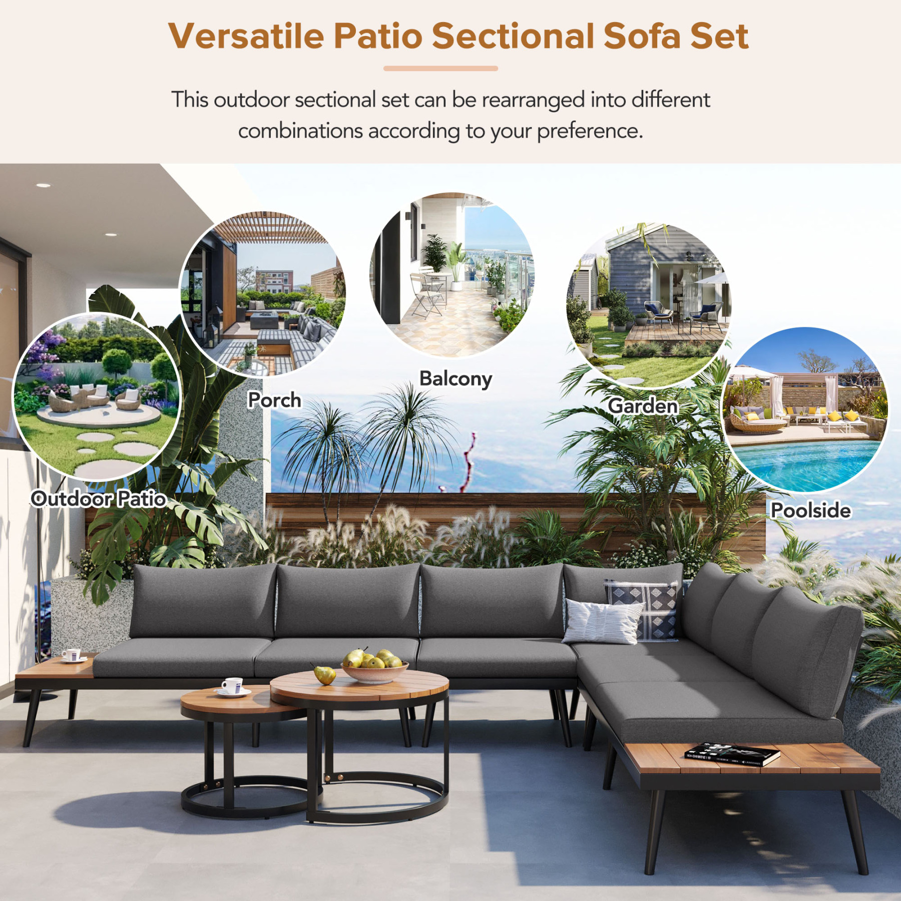 TREXM 6-Piece Outdoor Sectional Sofa Set with Round Nesting Coffee Tables and Seating Sofa with Cushions for Patio, Porch and Garden (Grey)
