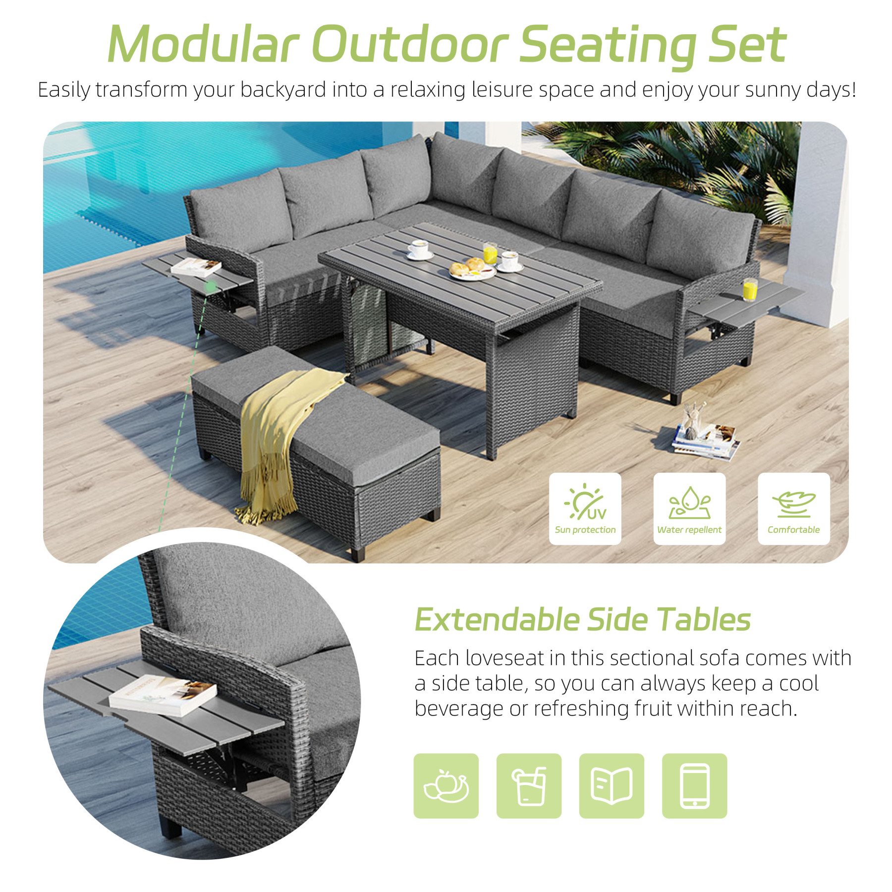 TOMAX 5-Piece Outdoor Patio Rattan Sofa Set, Sectional PE Wicker L-Shaped Garden Furniture Set with 2 Extendable Side Tables, Dining Table and Washable Covers for Backyard, Poolside, Indoor, Grey
