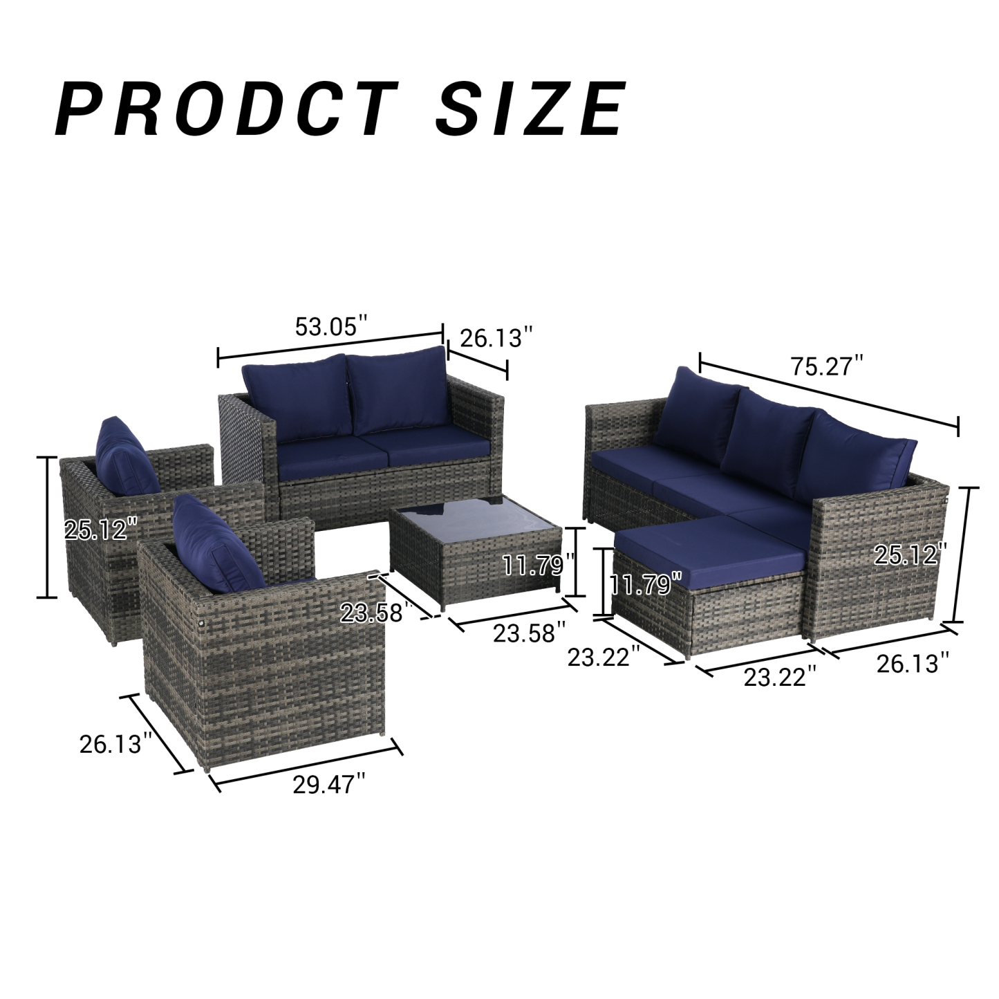 6 Piece Patio Furniture Set,Outdoor Wicker Rattan Sofa Conversation Set All Weather Patio Sectional Sofa Set with Glass Table, Cushions and Pillows for Garden, Backyard