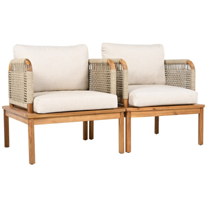Outdoor Acacia Wood and Rope Club Chair with Cushions (Set of 2 / MP2)