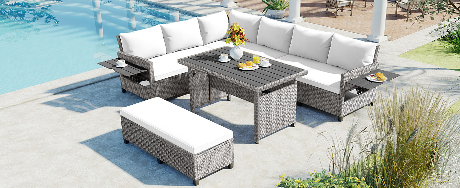 TOMAX 5-Piece Outdoor Patio Rattan Sofa Set, Sectional PE Wicker L-Shaped Garden Furniture Set with 2 Extendable Side Tables, Dining Table and Washable Covers for Backyard, Poolside, Indoor, White