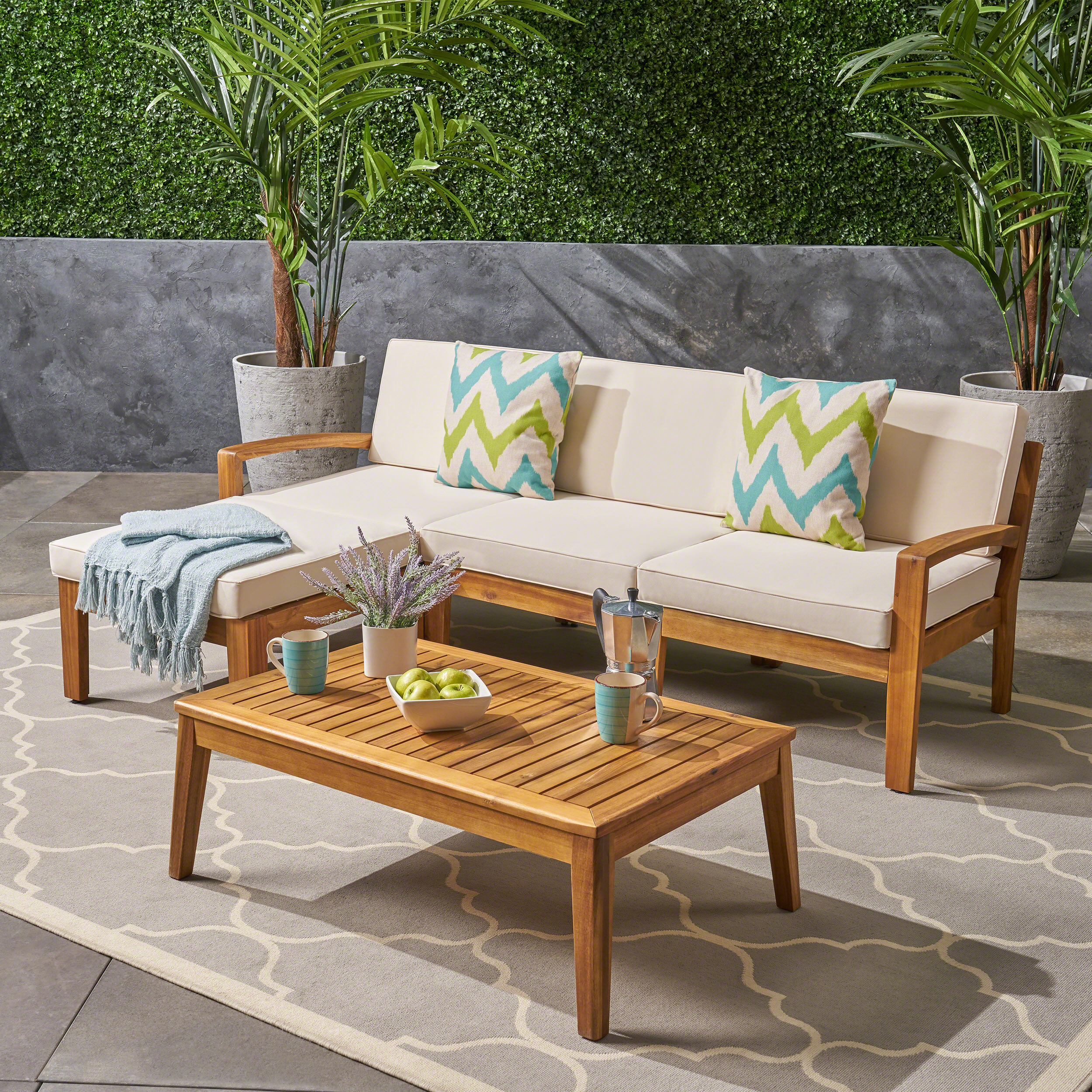 L Shape Outdoor Sectional Sofa Set – 3-Piece Acacia Wood Modular Patio Furniture with Ottoman & Coffee Table, Left/Right Armrest + Armless Segment, Water-Resistant Cushions, Slat Panel Backrest, Transitional Gray Finish