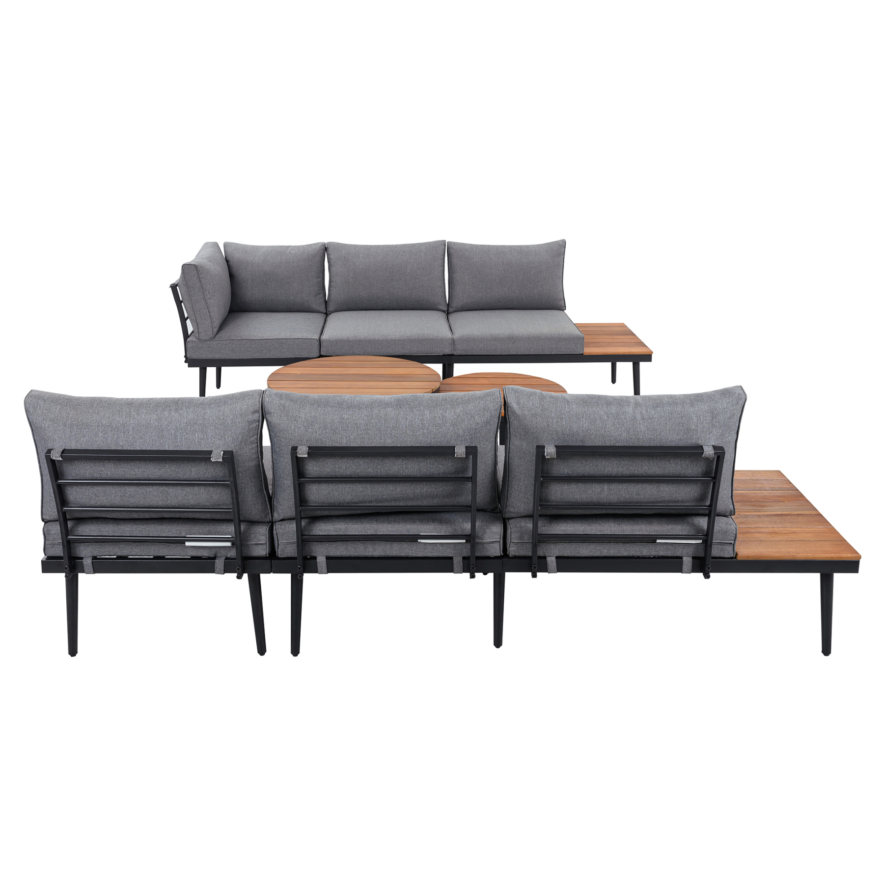 TREXM 6-Piece Outdoor Sectional Sofa Set with Round Nesting Coffee Tables and Seating Sofa with Cushions for Patio, Porch and Garden (Grey)