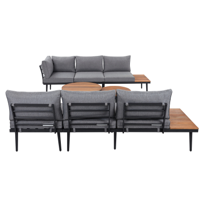 TREXM 6-Piece Outdoor Sectional Sofa Set with Round Nesting Coffee Tables and Seating Sofa with Cushions for Patio, Porch and Garden (Grey)