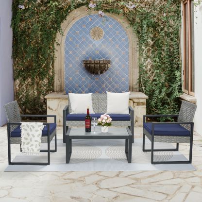 4-Piece Patio Furniture Set Outdoor Balcony Porch Garden Backyard Lawn Furniture Gray Acacia Wood Table Top, Blue Cushion and Light Gray rattan