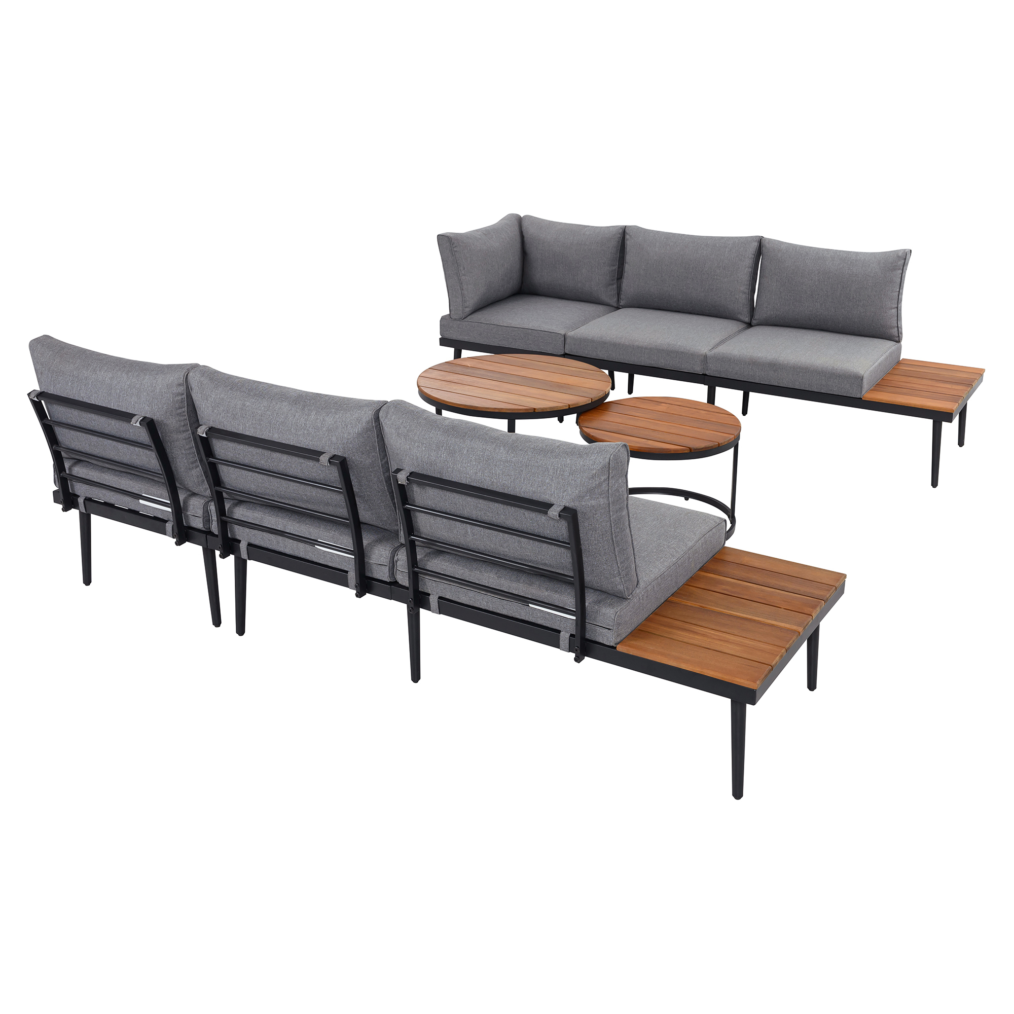 TREXM 6-Piece Outdoor Sectional Sofa Set with Round Nesting Coffee Tables and Seating Sofa with Cushions for Patio, Porch and Garden (Grey)