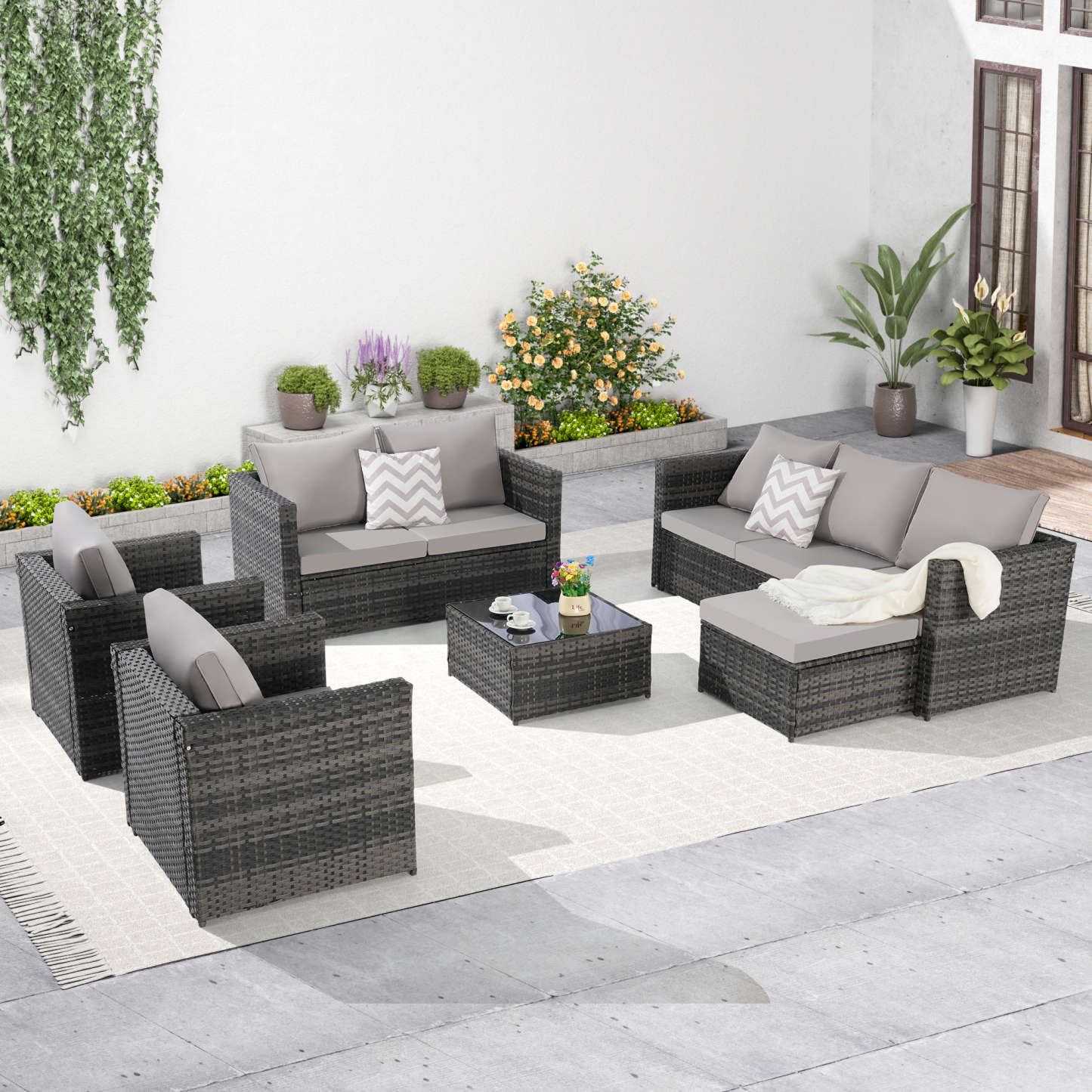 6 Piece Patio Furniture Set,Outdoor Wicker Rattan Sofa Conversation Set All Weather Patio Sectional Sofa Set with Glass Table, Cushions and Pillows for Garden, Backyard
