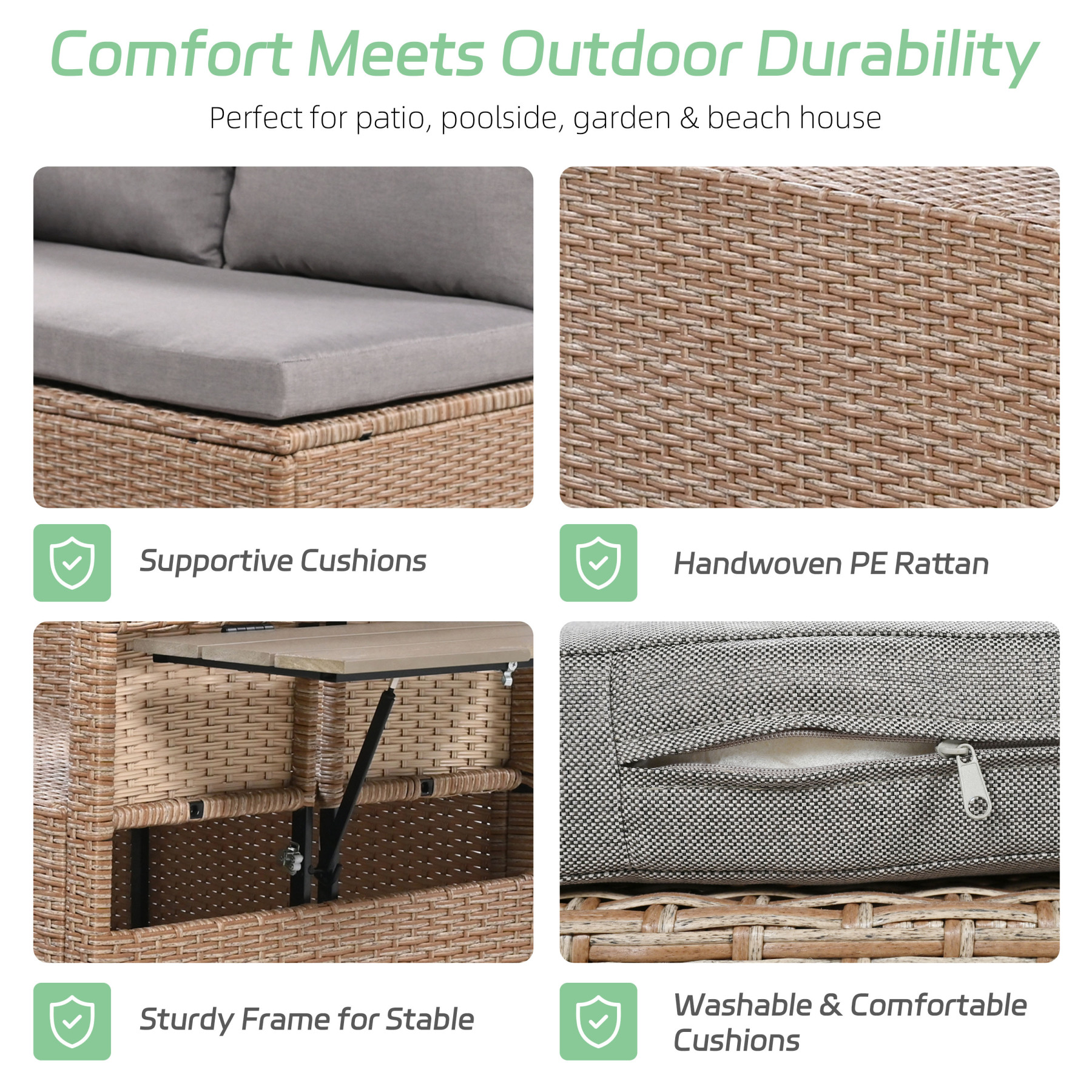 TOMAX 5-Piece Outdoor Patio Rattan Sofa Set, Sectional PE Wicker L-Shaped Garden Furniture Set with 2 Extendable Side Tables, Dining Table and Washable Covers for Backyard, Poolside, Indoor, Brown