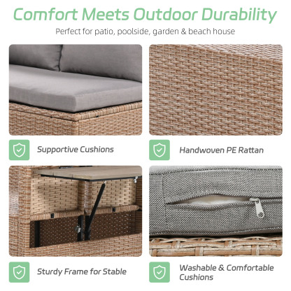 TOMAX 5-Piece Outdoor Patio Rattan Sofa Set, Sectional PE Wicker L-Shaped Garden Furniture Set with 2 Extendable Side Tables, Dining Table and Washable Covers for Backyard, Poolside, Indoor, Brown