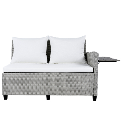 TOMAX 5-Piece Outdoor Patio Rattan Sofa Set, Sectional PE Wicker L-Shaped Garden Furniture Set with 2 Extendable Side Tables, Dining Table and Washable Covers for Backyard, Poolside, Indoor, White