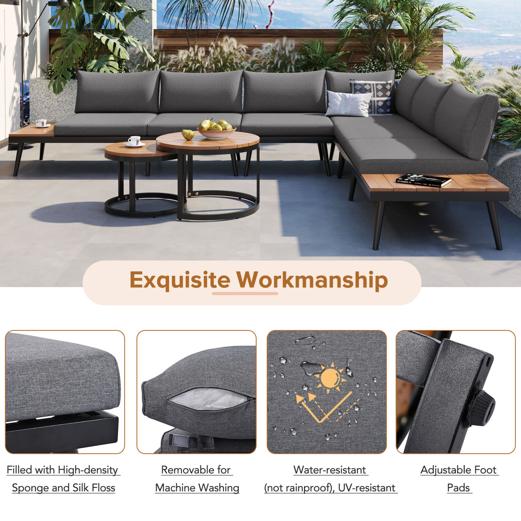 TREXM 6-Piece Outdoor Sectional Sofa Set with Round Nesting Coffee Tables and Seating Sofa with Cushions for Patio, Porch and Garden (Grey)