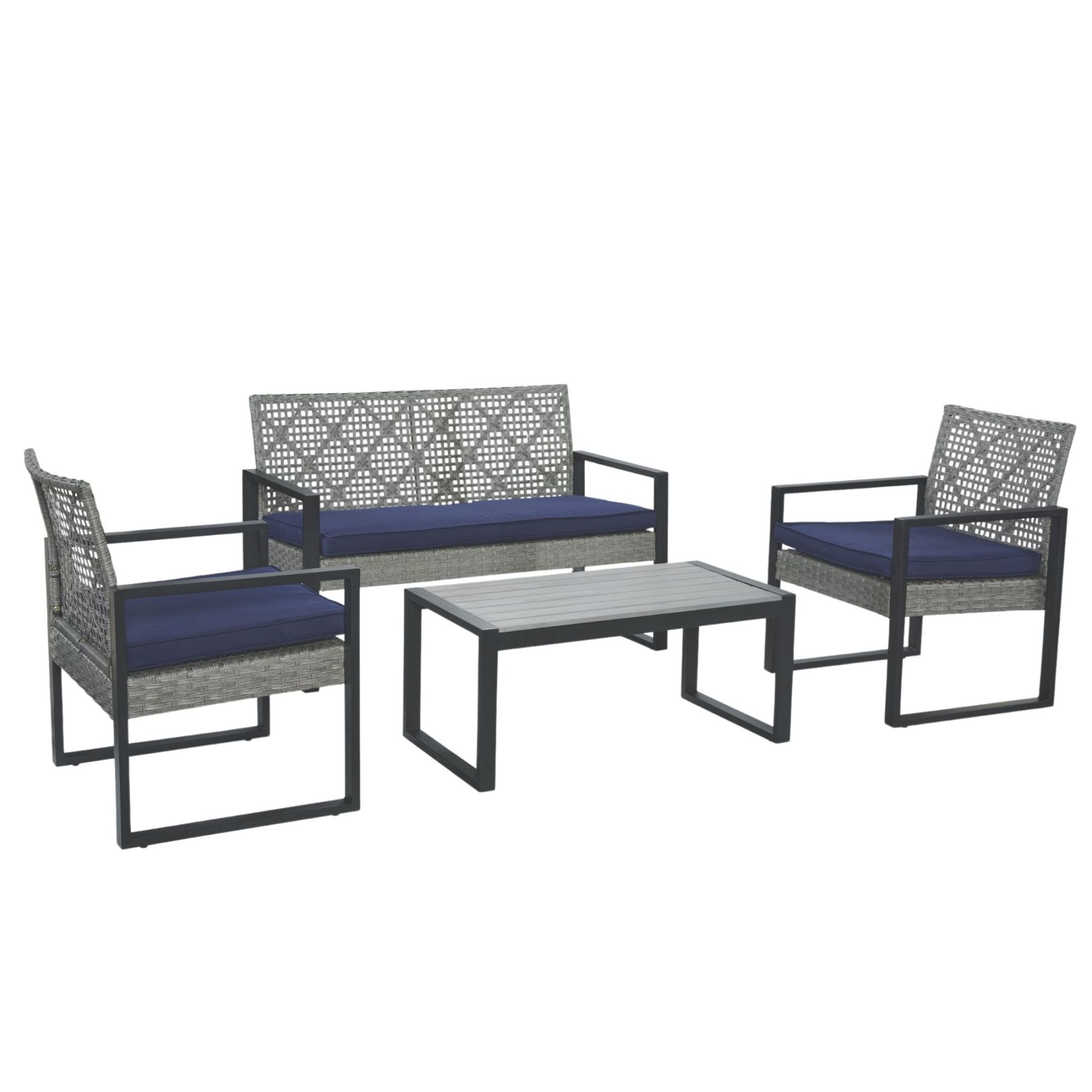 4-Piece Patio Furniture Set Outdoor Balcony Porch Garden Backyard Lawn Furniture Gray Acacia Wood Table Top, Blue Cushion and Light Gray rattan