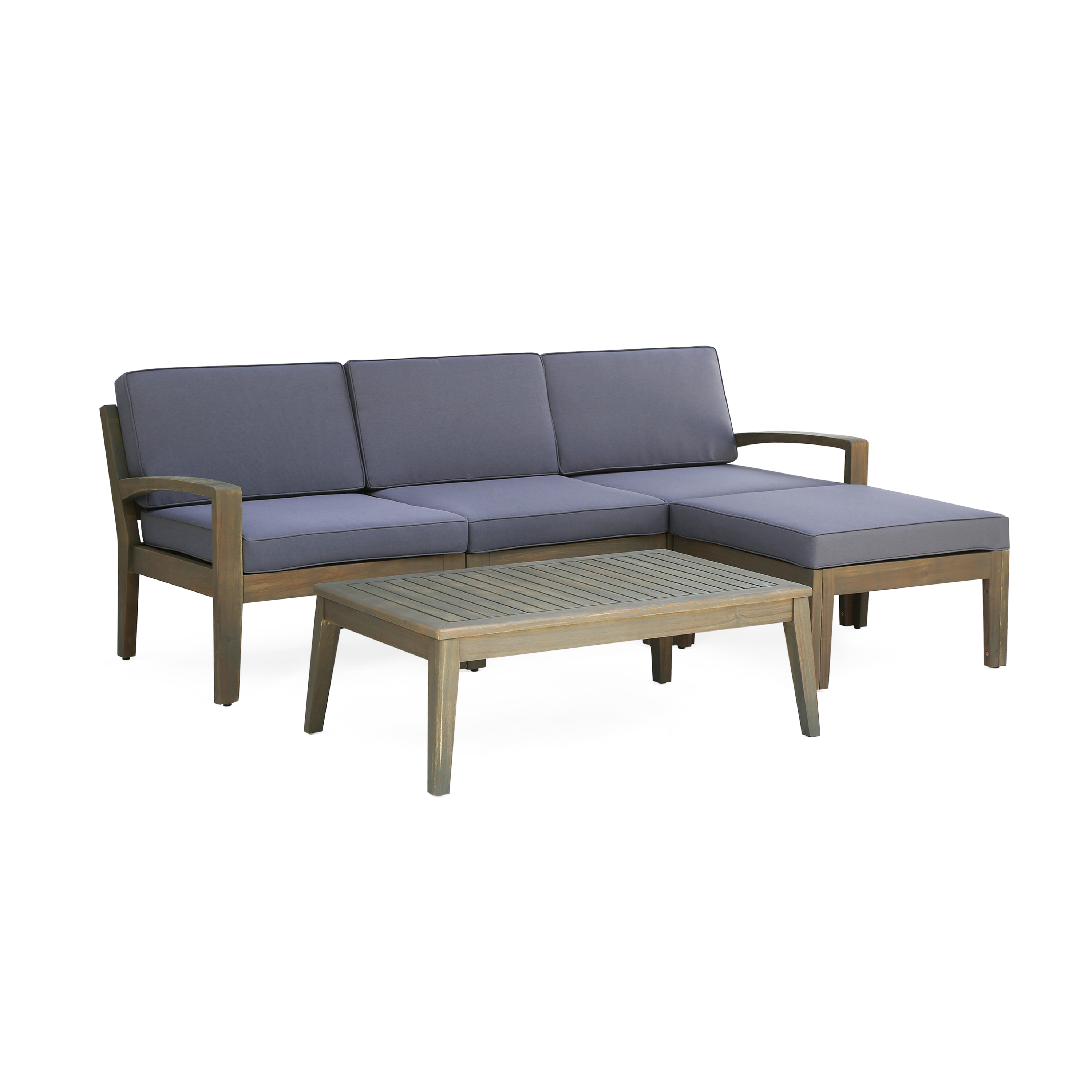 L-Shape Outdoor Sectional Set – Grenada 5-Piece Acacia Wood Modular Patio Sofa with Ottoman & Coffee Table, Left/Right Armrest + Armless Piece, Water-Resistant Cushions, Slat Backrest, Gray Finish