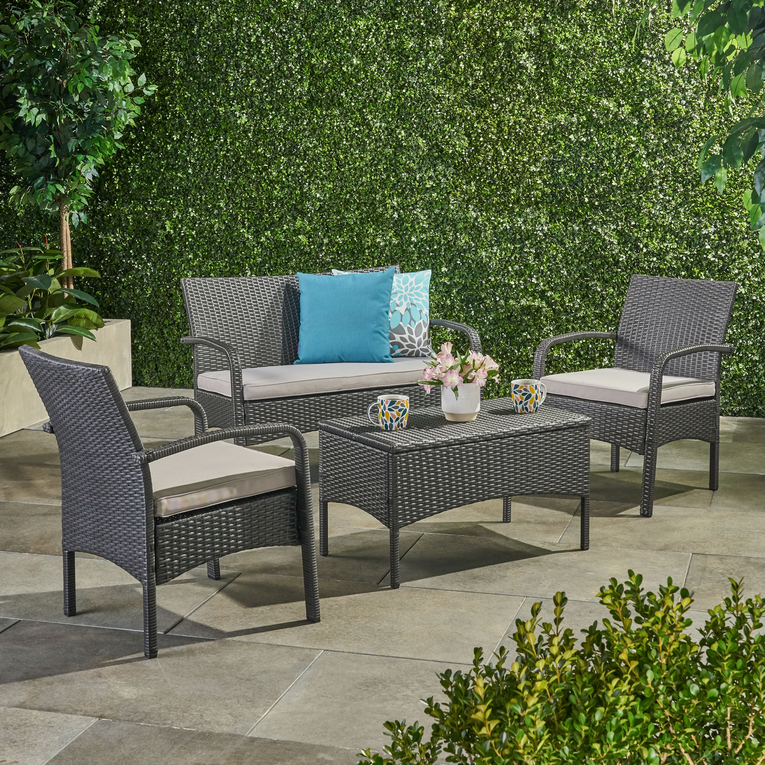 4-Piece Brown PE Rattan Wicker Chat Set All-Weather Outdoor Conversation Set with Heavy-Duty Rust-Resistant Iron Frame UV-Protected Fade-Resistant Waterproof Cushions Compact for Small Space Apartment Balcony or Patio