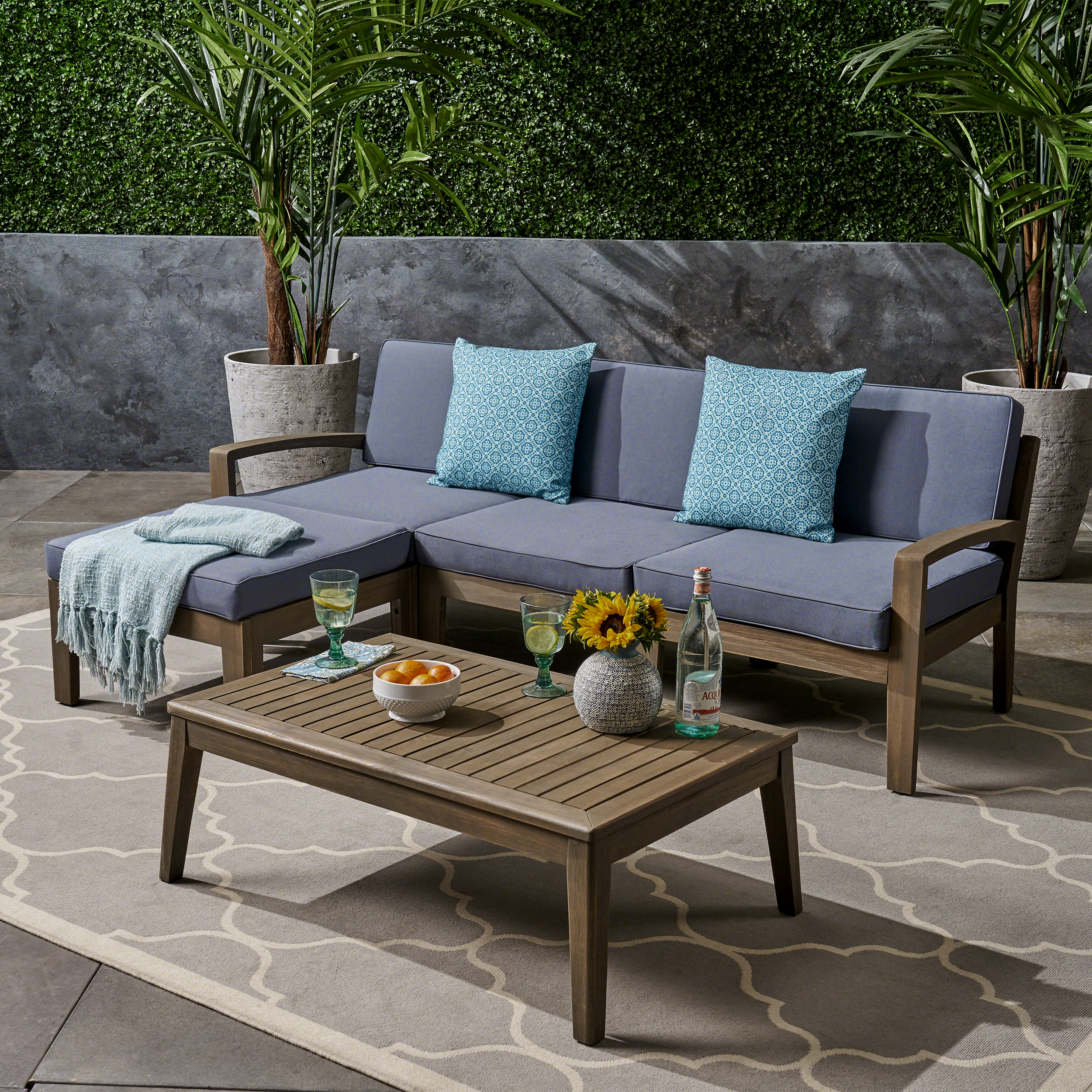 L-Shape Outdoor Sectional Set – Grenada 5-Piece Acacia Wood Modular Patio Sofa with Ottoman & Coffee Table, Left/Right Armrest + Armless Piece, Water-Resistant Cushions, Slat Backrest, Gray Finish