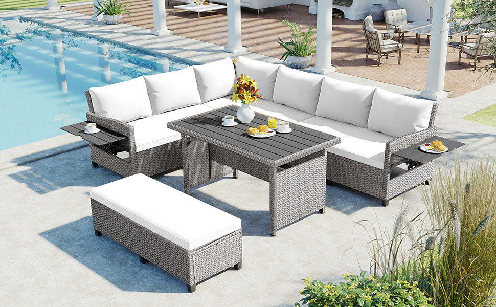 TOMAX 5-Piece Outdoor Patio Rattan Sofa Set, Sectional PE Wicker L-Shaped Garden Furniture Set with 2 Extendable Side Tables, Dining Table and Washable Covers for Backyard, Poolside, Indoor, White