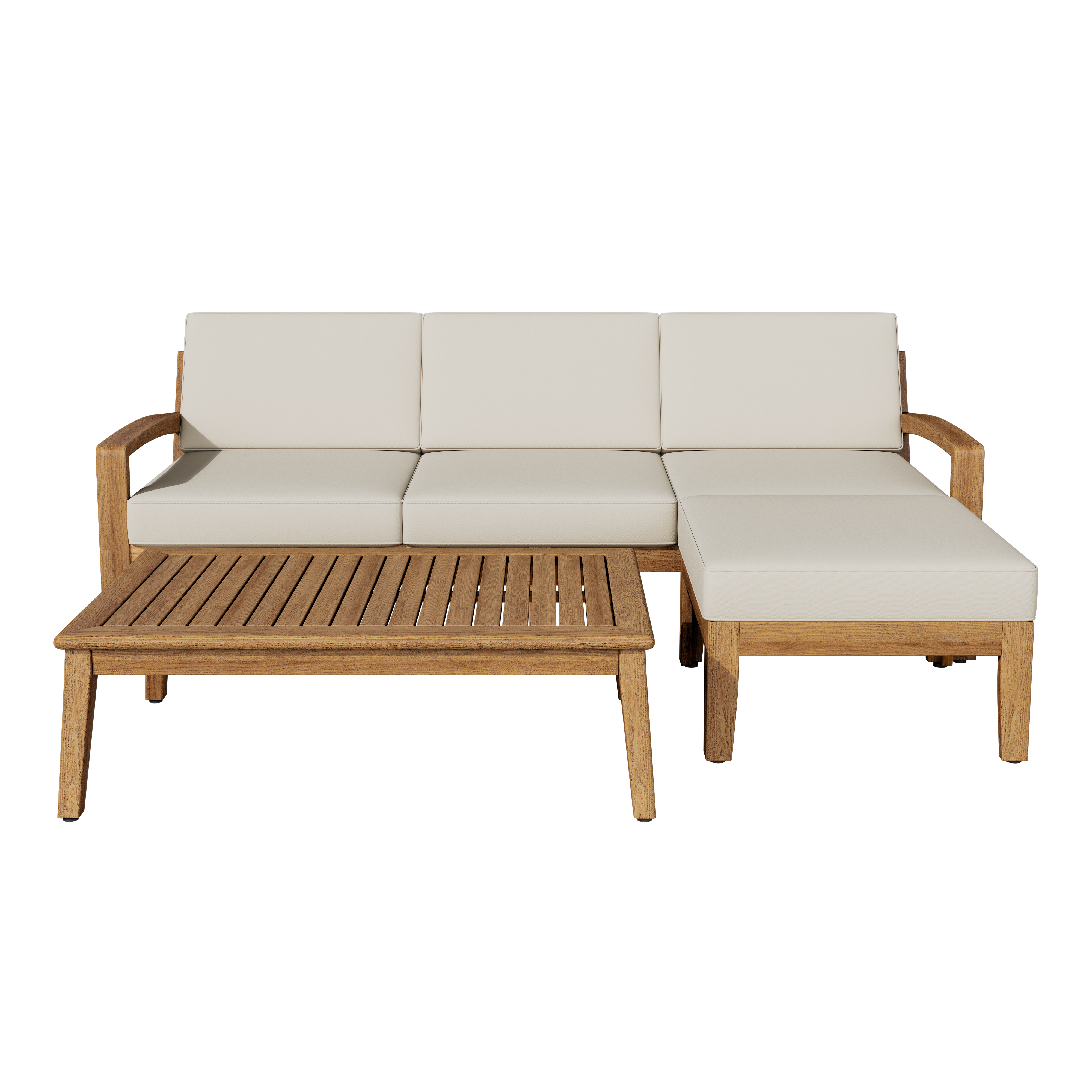 L Shape Outdoor Sectional Sofa Set – 3-Piece Acacia Wood Modular Patio Furniture with Ottoman & Coffee Table, Left/Right Armrest + Armless Segment, Water-Resistant Cushions, Slat Panel Backrest, Transitional Gray Finish