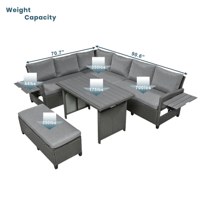TOMAX 5-Piece Outdoor Patio Rattan Sofa Set, Sectional PE Wicker L-Shaped Garden Furniture Set with 2 Extendable Side Tables, Dining Table and Washable Covers for Backyard, Poolside, Indoor, Grey
