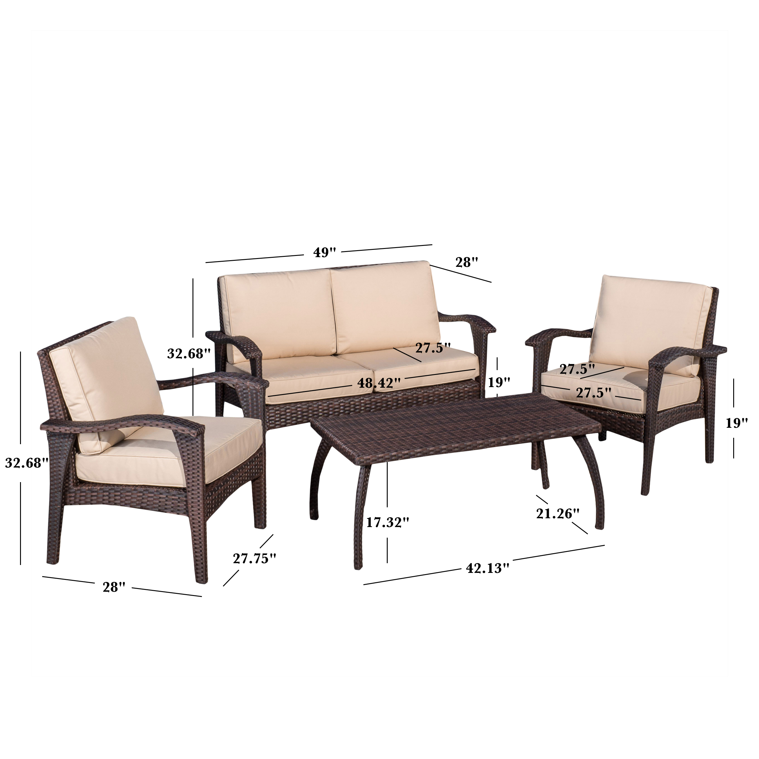 4PC PE Wicker Set Outdoor Seating in Brown and Tan with Iron Frame and Waterproof Fabric