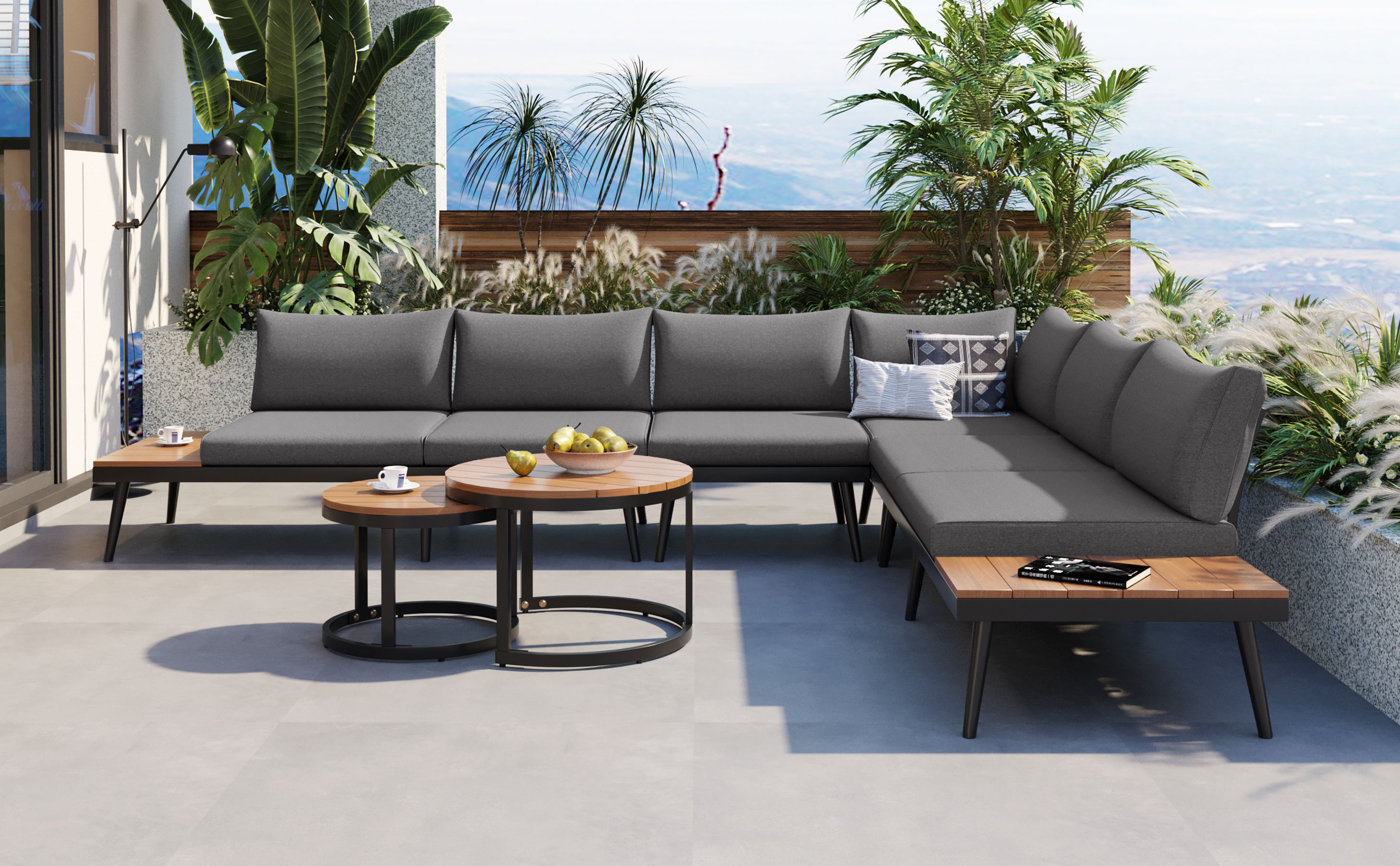 TREXM 6-Piece Outdoor Sectional Sofa Set with Round Nesting Coffee Tables and Seating Sofa with Cushions for Patio, Porch and Garden (Grey)