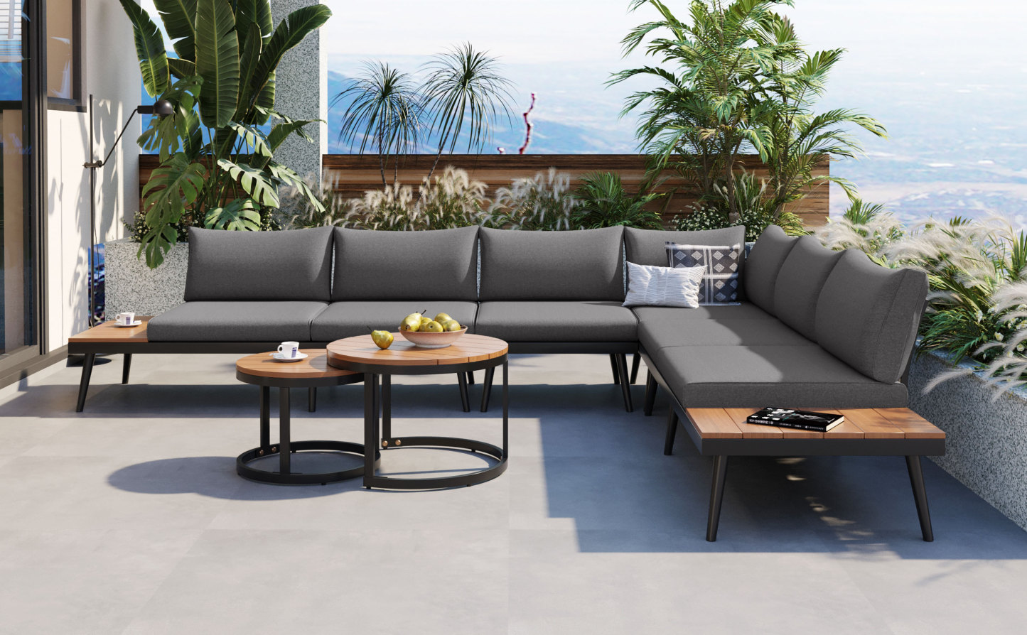 TREXM 6-Piece Outdoor Sectional Sofa Set with Round Nesting Coffee Tables and Seating Sofa with Cushions for Patio, Porch and Garden (Grey)
