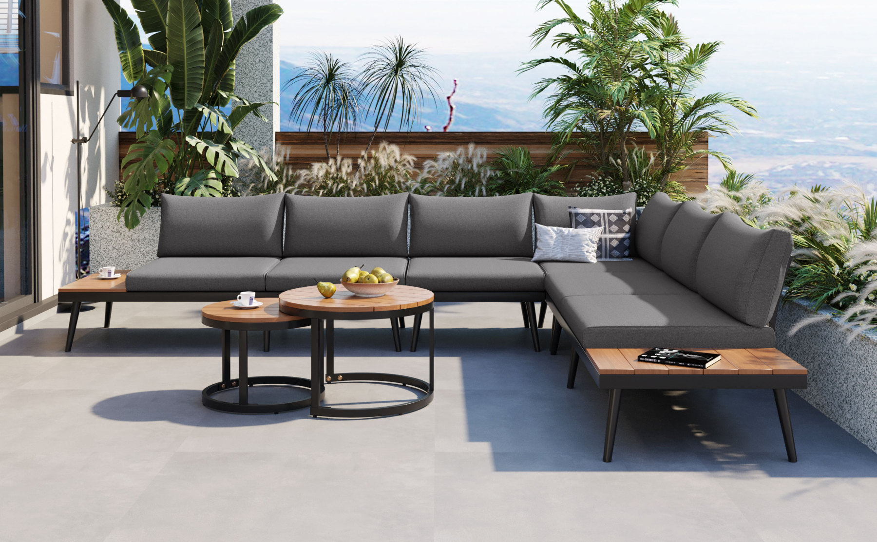 TREXM 6-Piece Outdoor Sectional Sofa Set with Round Nesting Coffee Tables and Seating Sofa with Cushions for Patio, Porch and Garden (Grey)