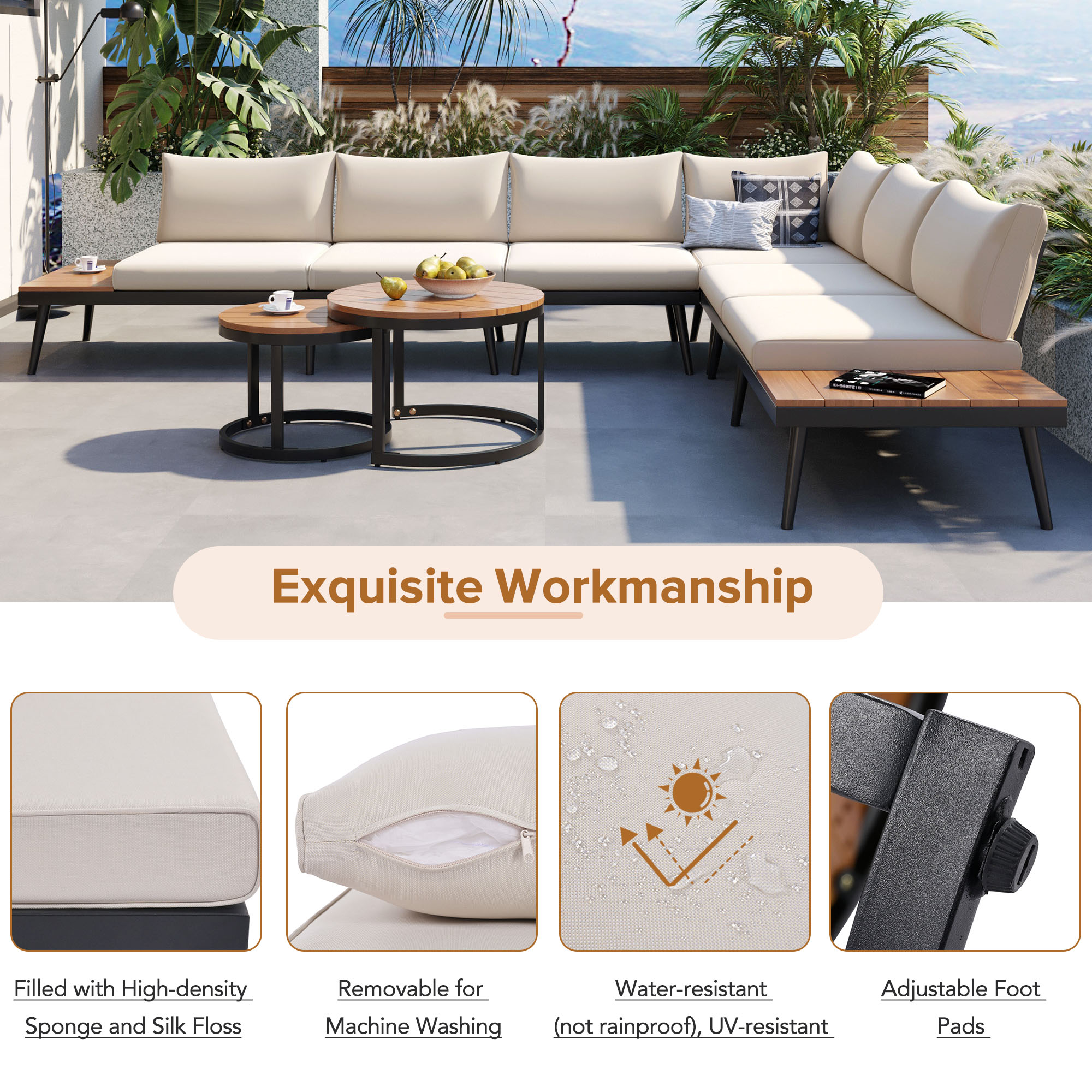 TREXM 6-Piece Outdoor Sectional Sofa Set with Round Nesting Coffee Tables and Seating Sofa with Cushions for Patio, Porch and Garden (Beige)